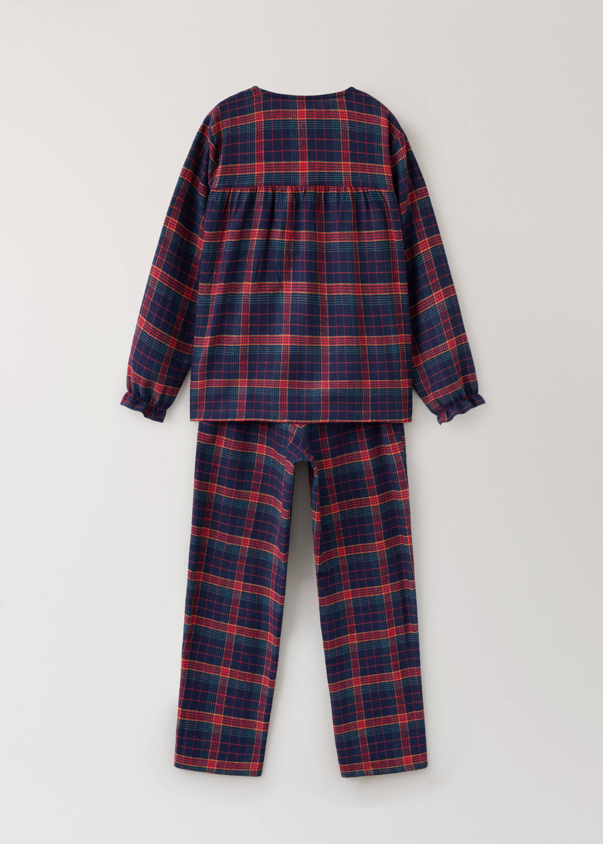 Back view of a navy tartan check children's pyjama set.