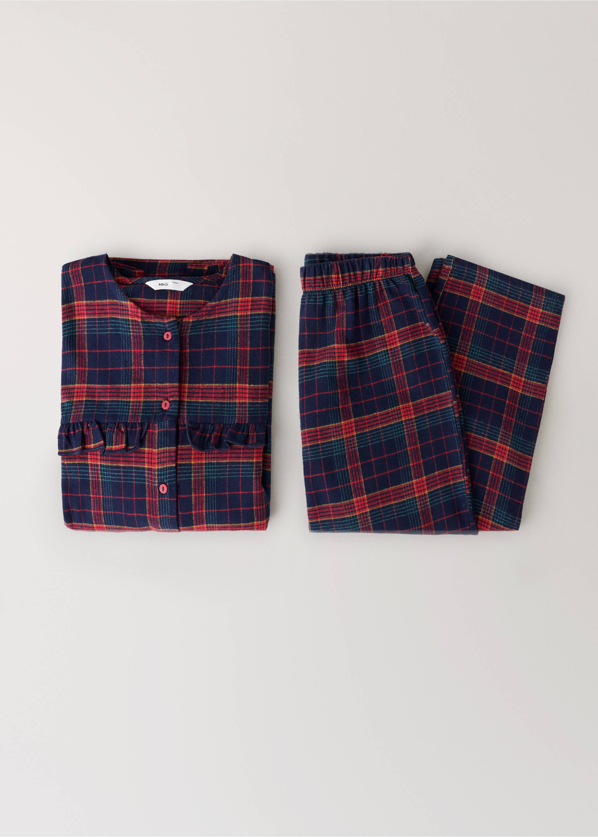 Plaid pyjama set with a ruffled top and matching trousers., Navy. Ref: 37019213-00.