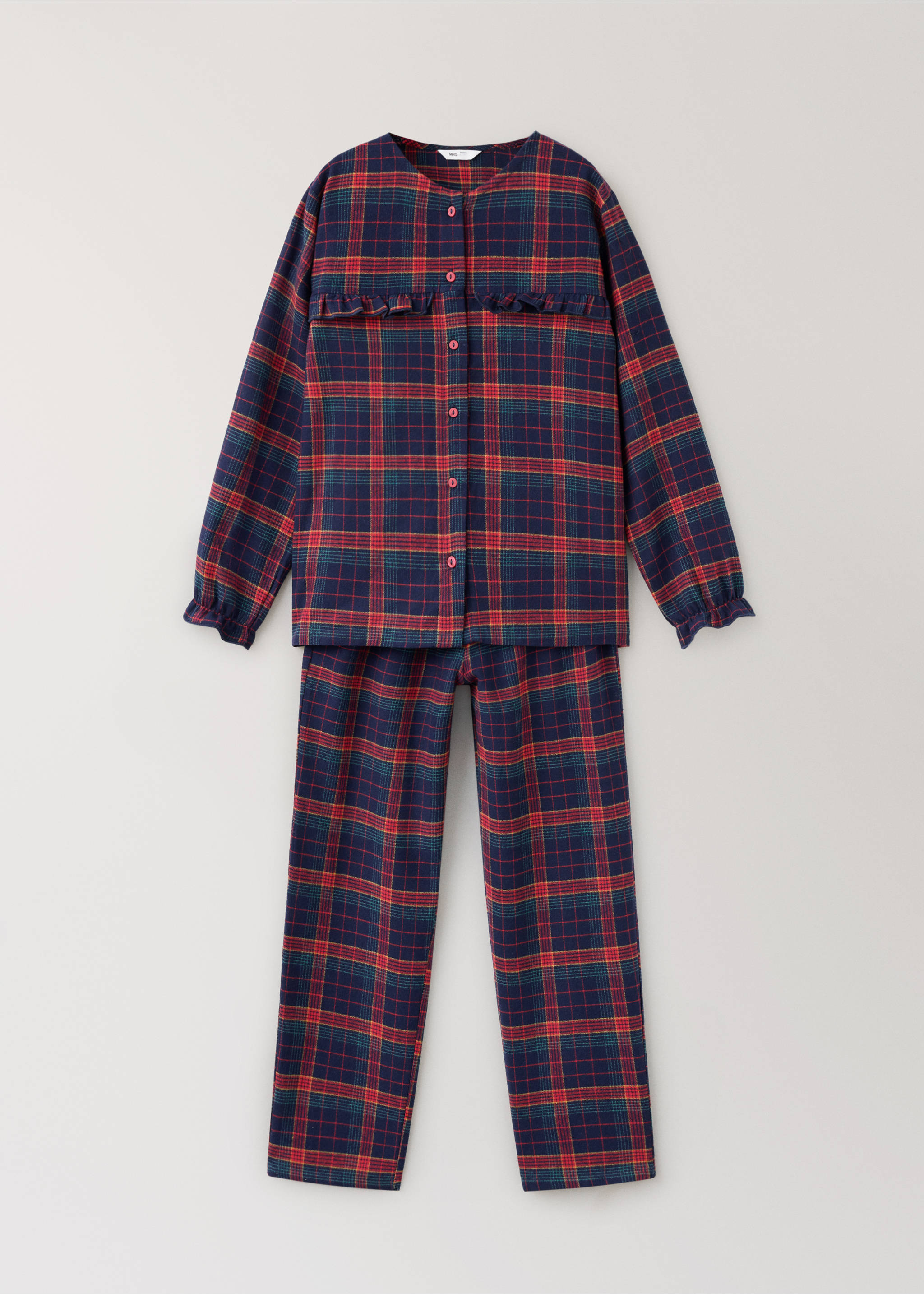 Plaid pyjama set featuring a ruffled button-front top and trousers., Navy. Ref: 37019213-00.