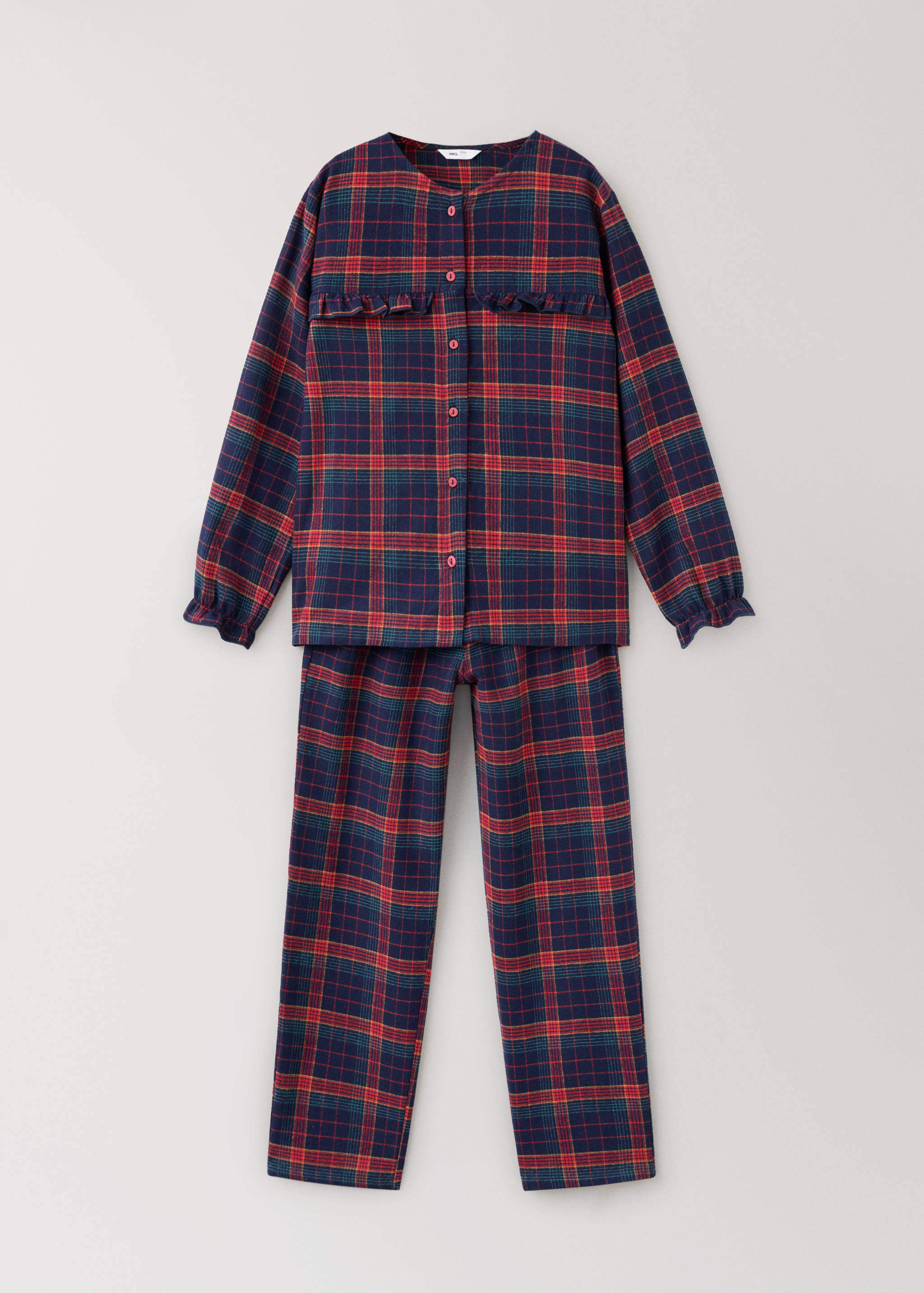 Plaid pyjama set featuring a ruffled button-front top and trousers.