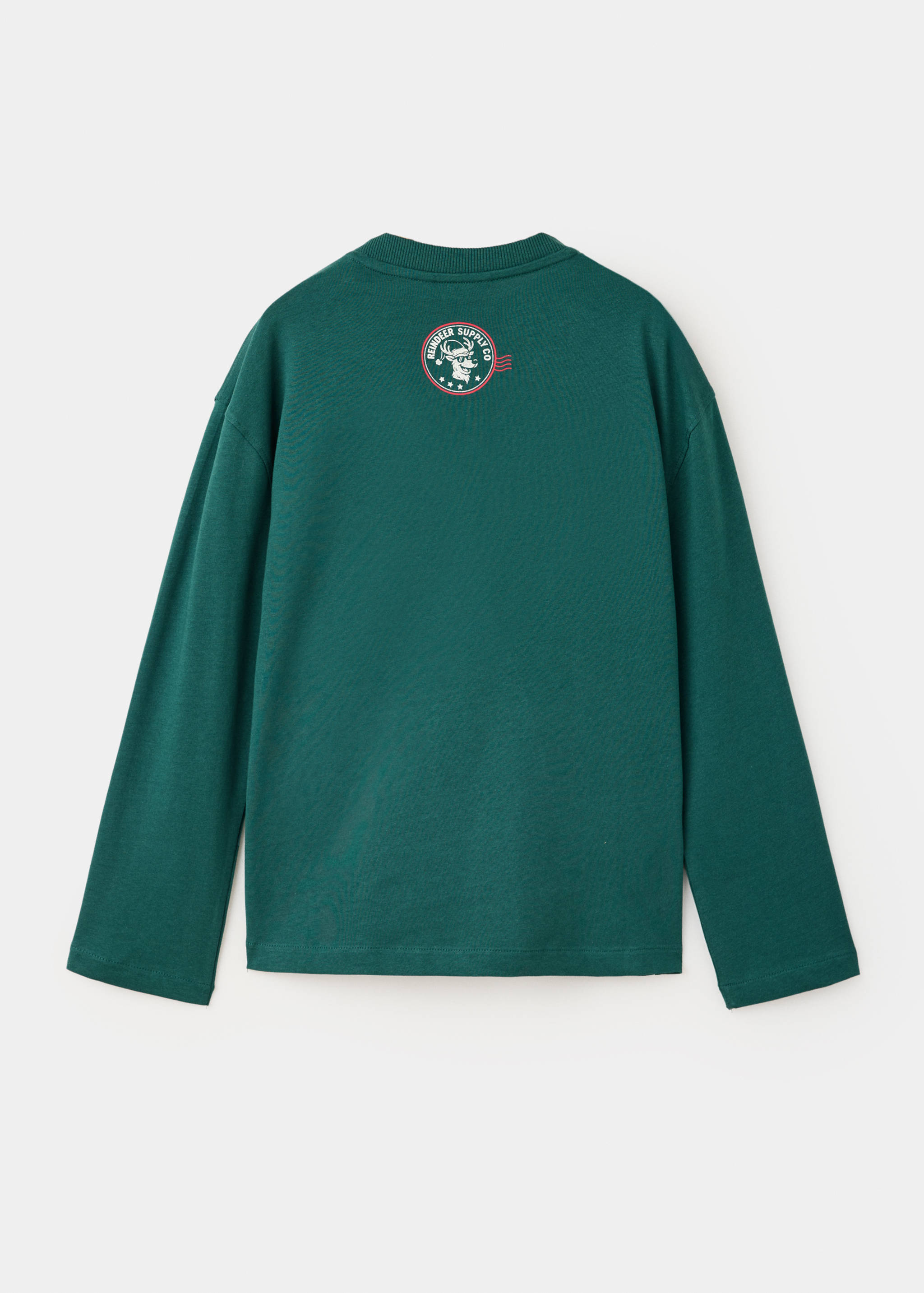 Dark green long-sleeved t-shirt, back view with graphic.