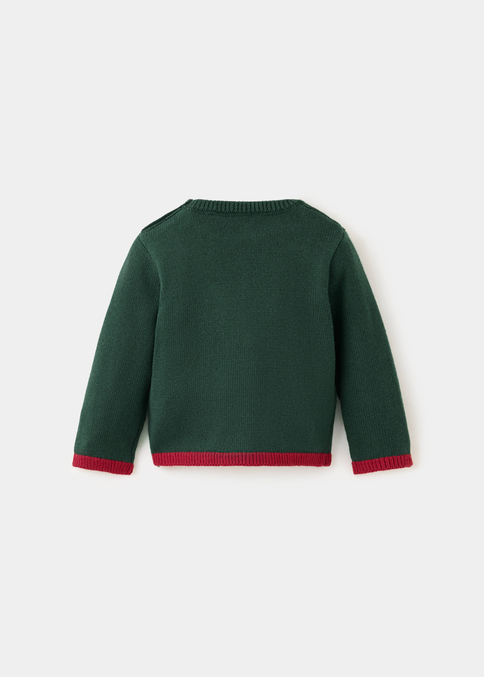 Back view of a dark green knitted jersey with contrasting red ribbed cuffs and hem.
