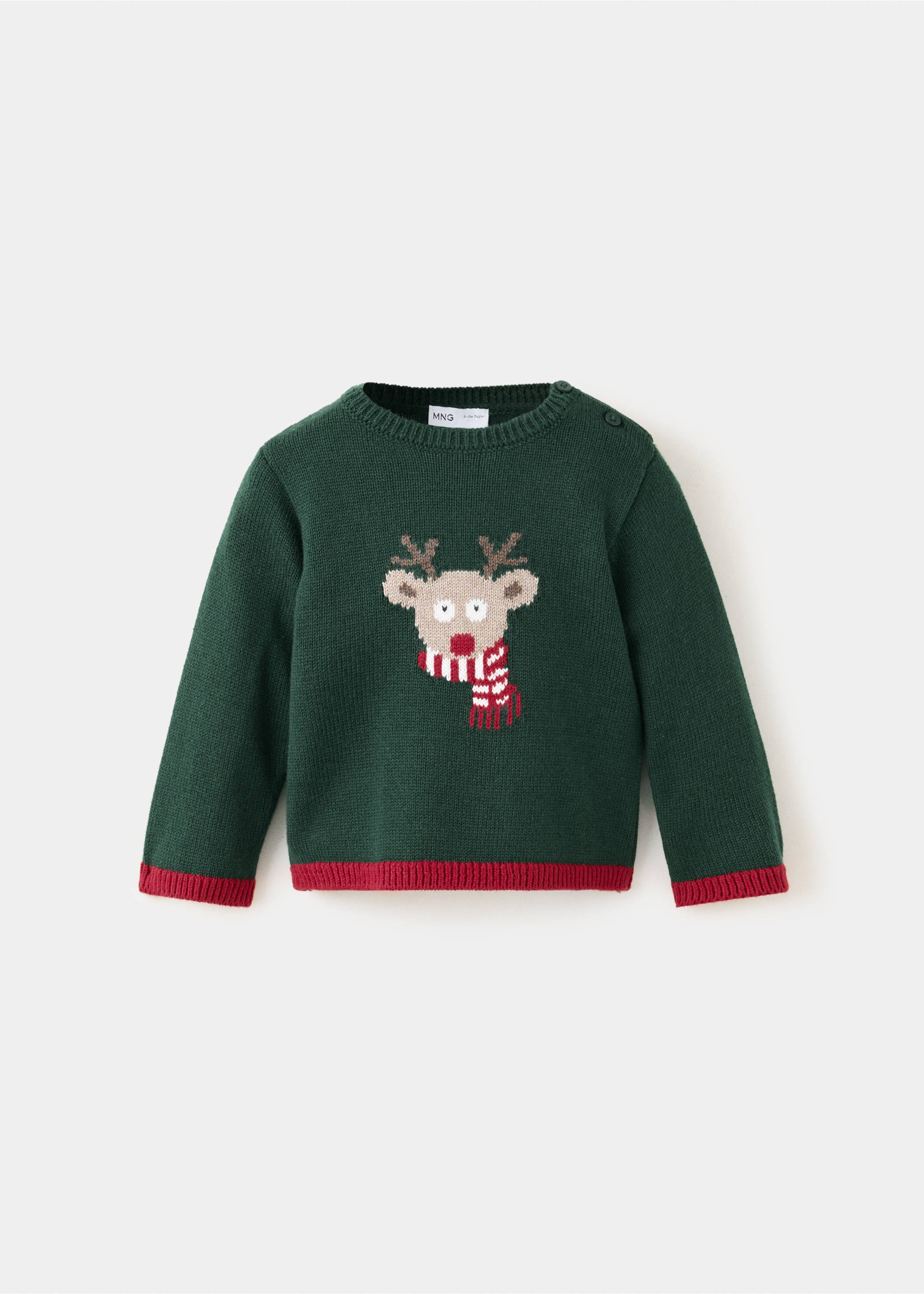Dark green kids' knit sweater with a reindeer graphic and red ribbed trim., Green. Ref: 37019221-00.