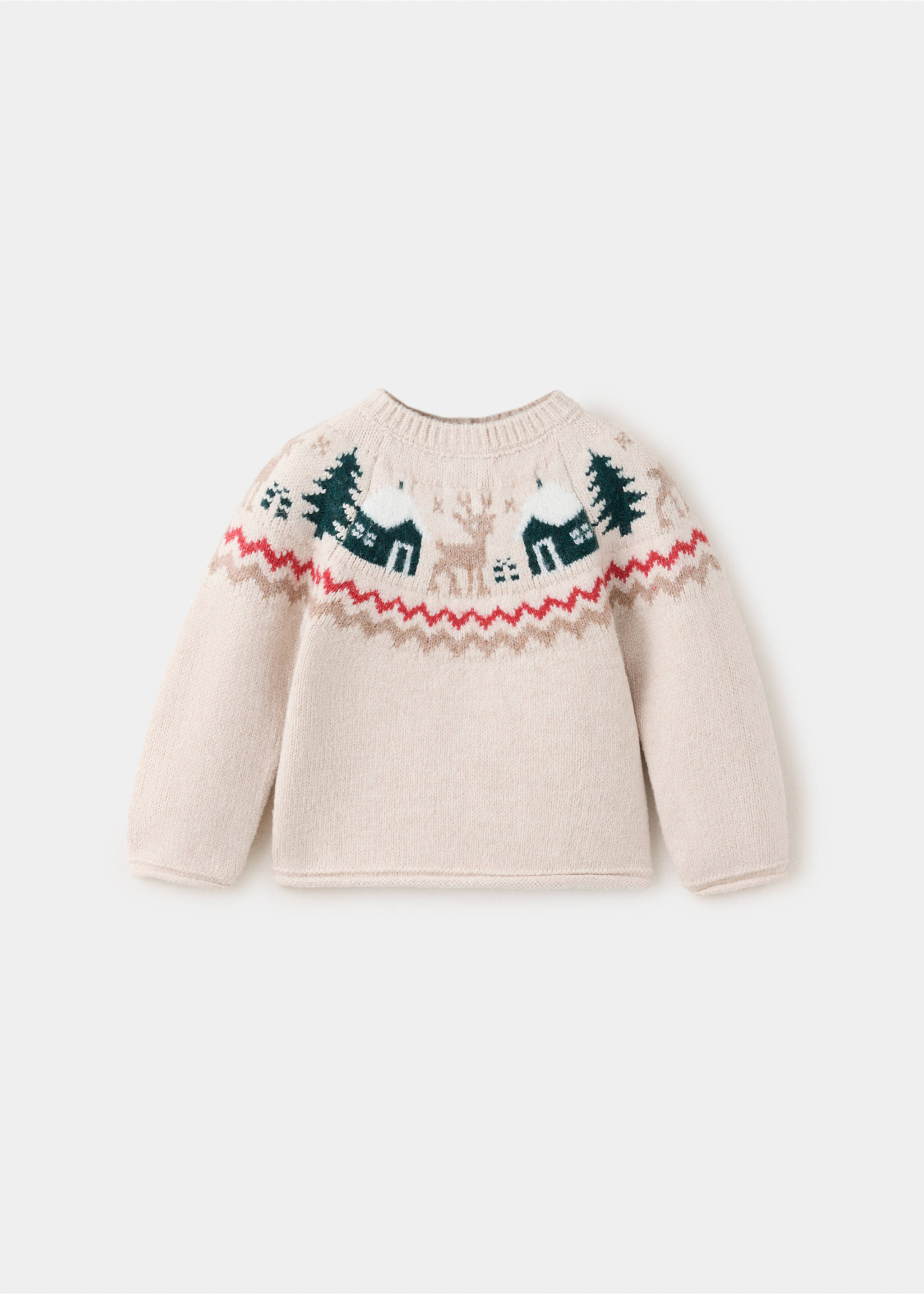 Beige kids' knit jumper featuring a festive intarsia pattern of houses, trees, and reindeer., Off White. Ref: 37019224-00.