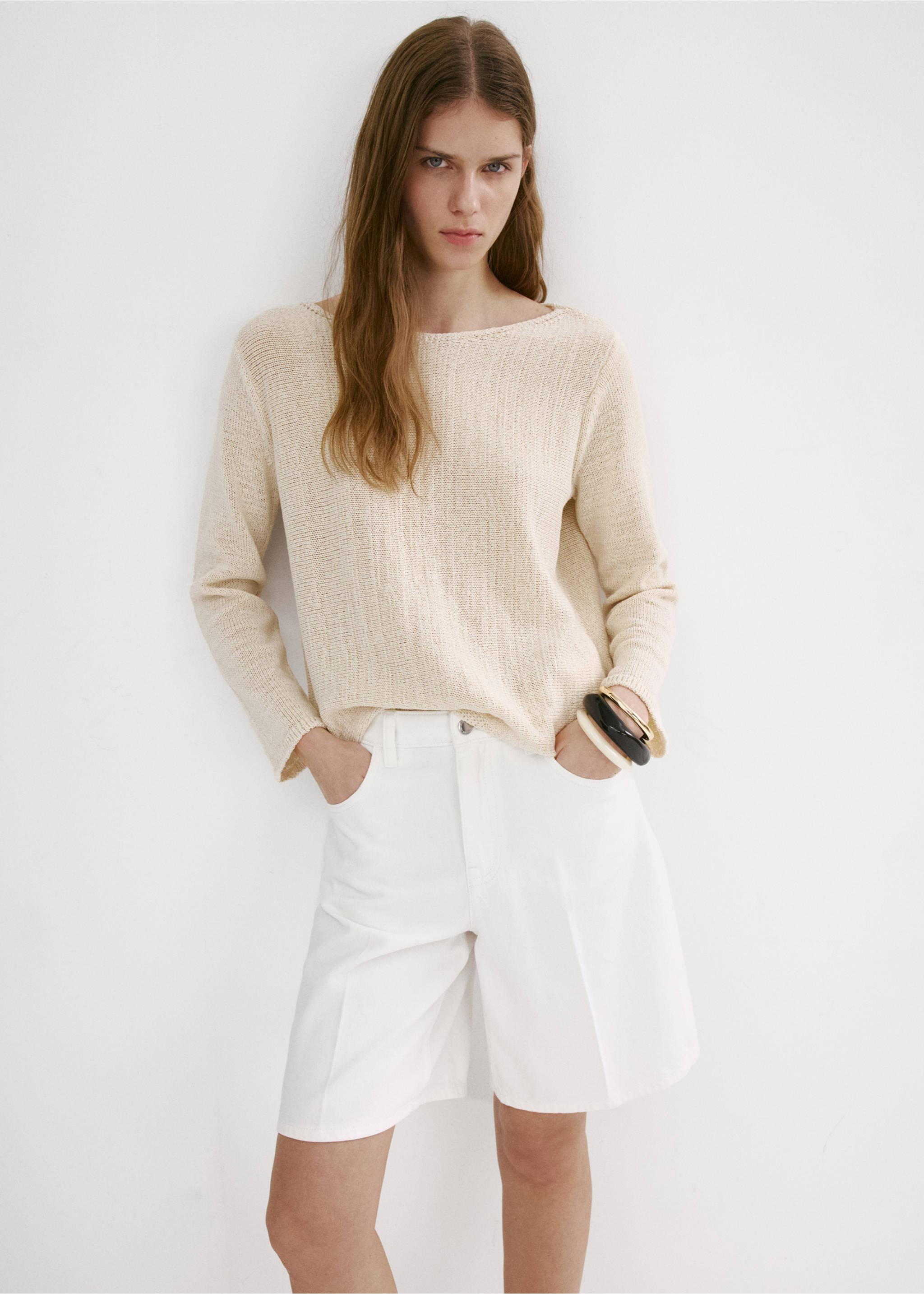 Straight-fit denim bermuda shorts - Details of the article 1, White. Ref: 37021348-01.