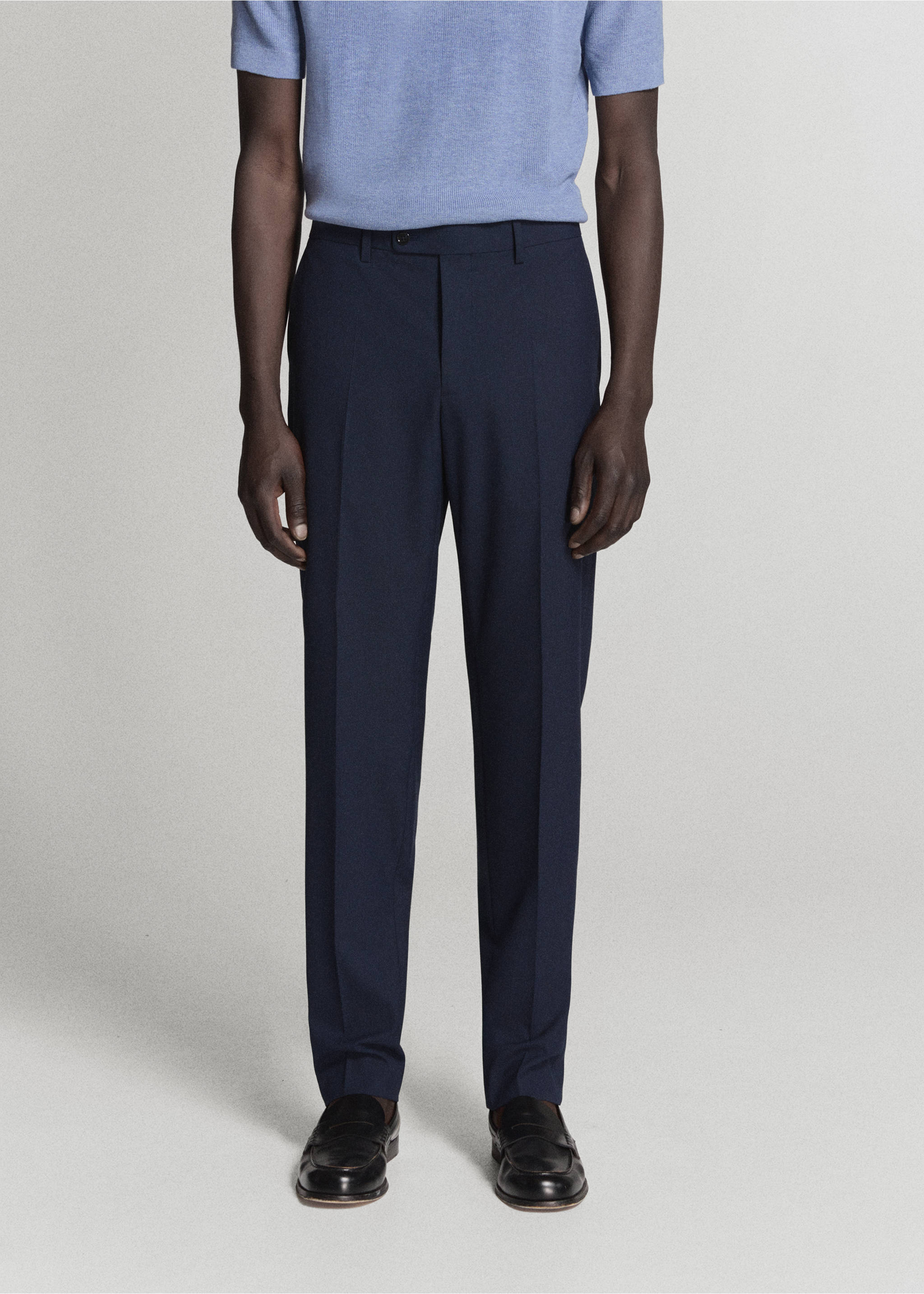 Navy blue tailored trousers with pressed creases., Dark Navy. Ref: 37021364-01.