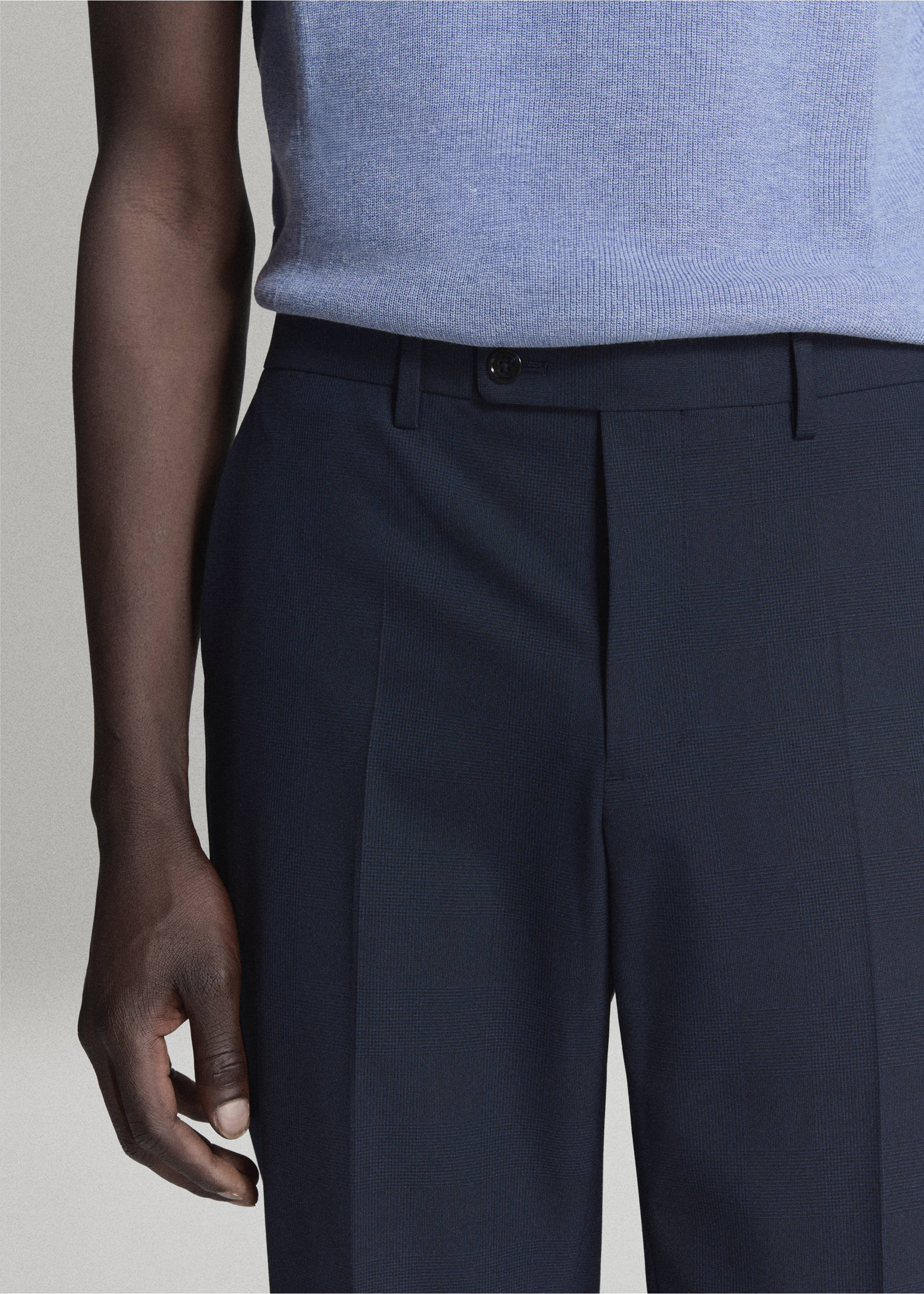 Dark navy blue trousers with a fitted waistband and belt loops., Dark Navy. Ref: 37021364-01.