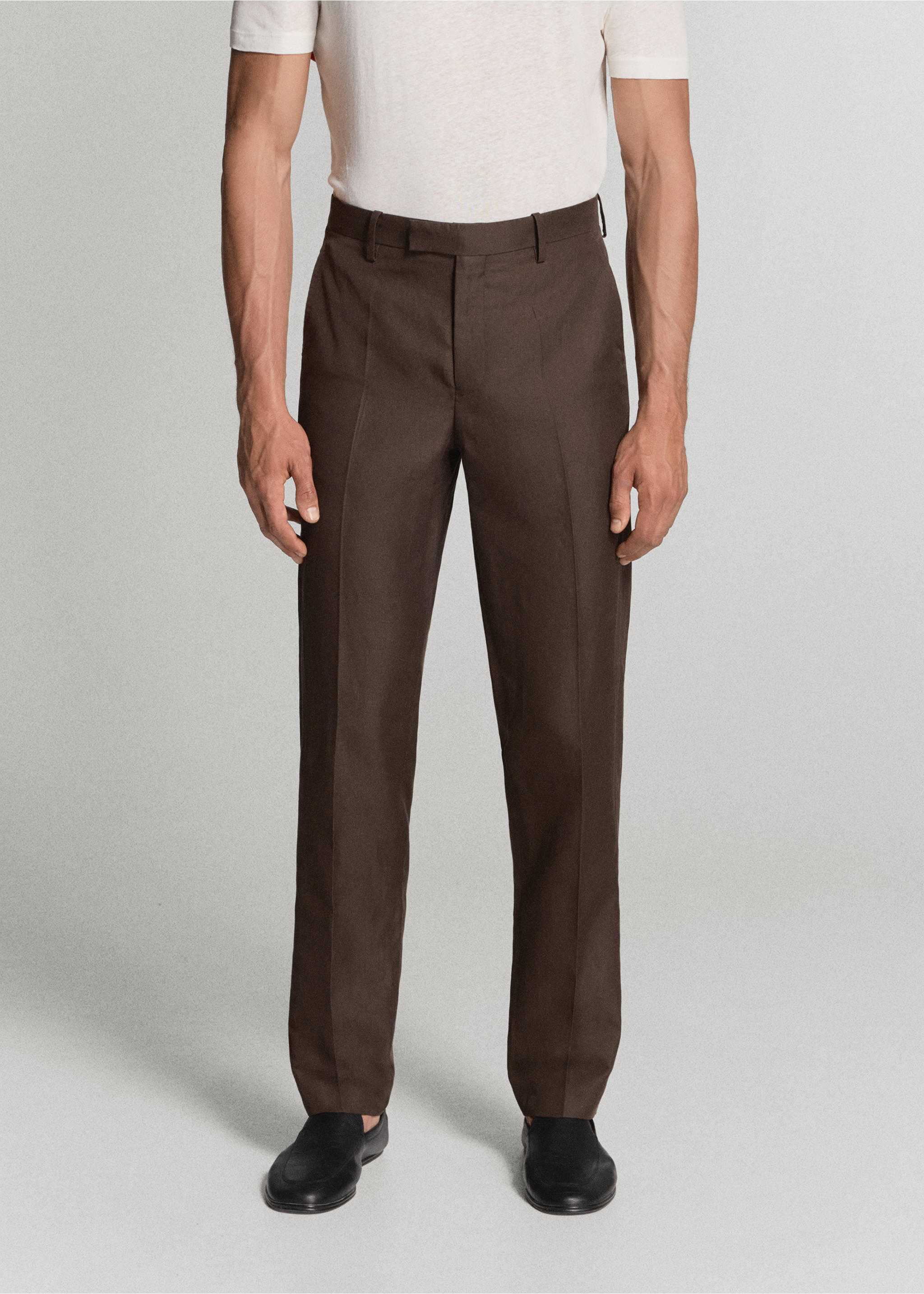 Pantalón traje mezcla lyocell  lino - Plano medio, Marrón. Ref: 37021372-02.
