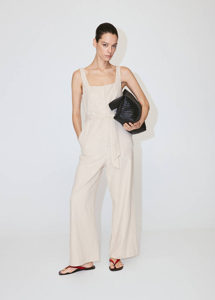 Linen cropped playsuit with belt — Sand
