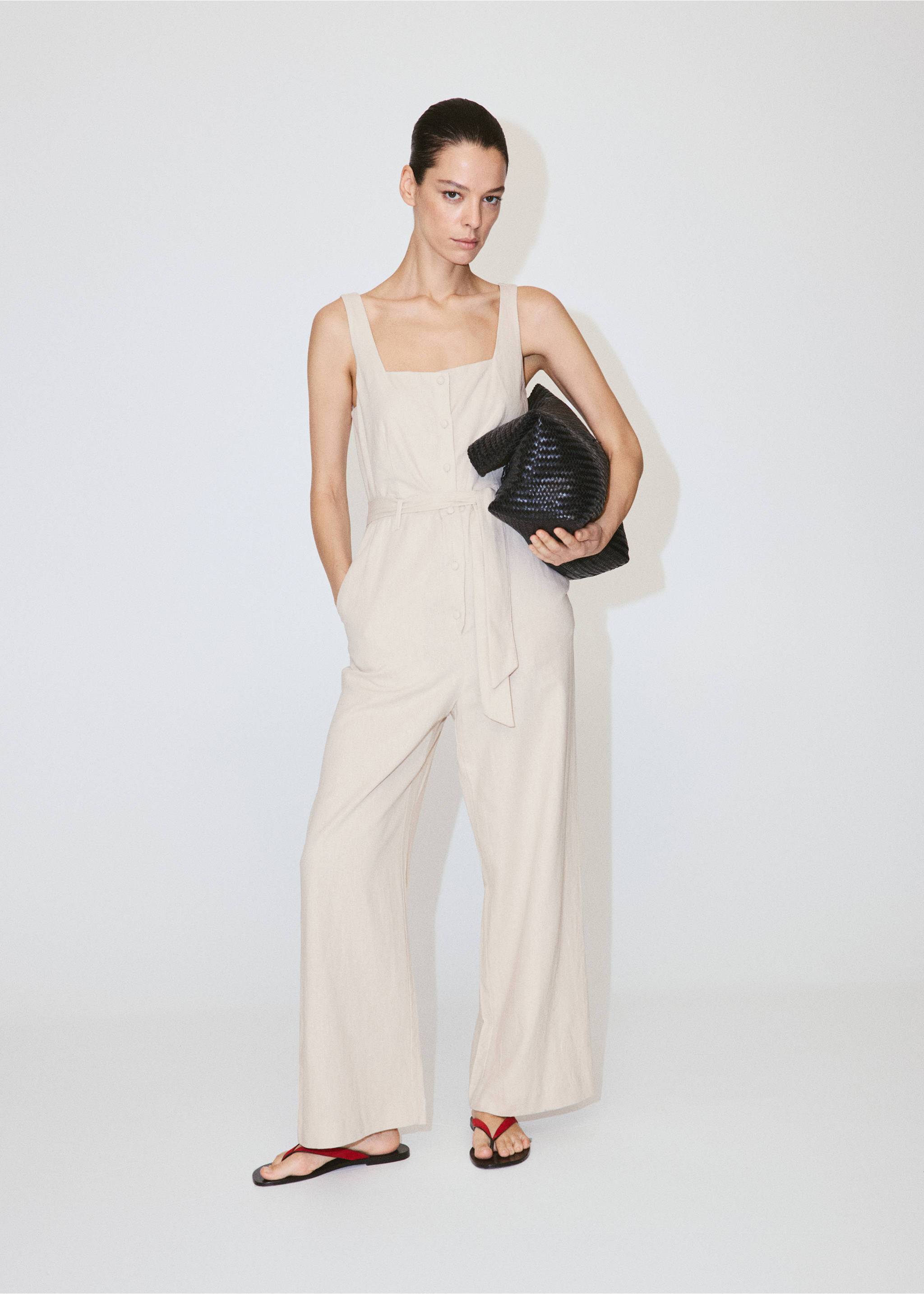 Linen cropped jumpsuit with belt - General plane, Sand. Ref: 37021390-00.