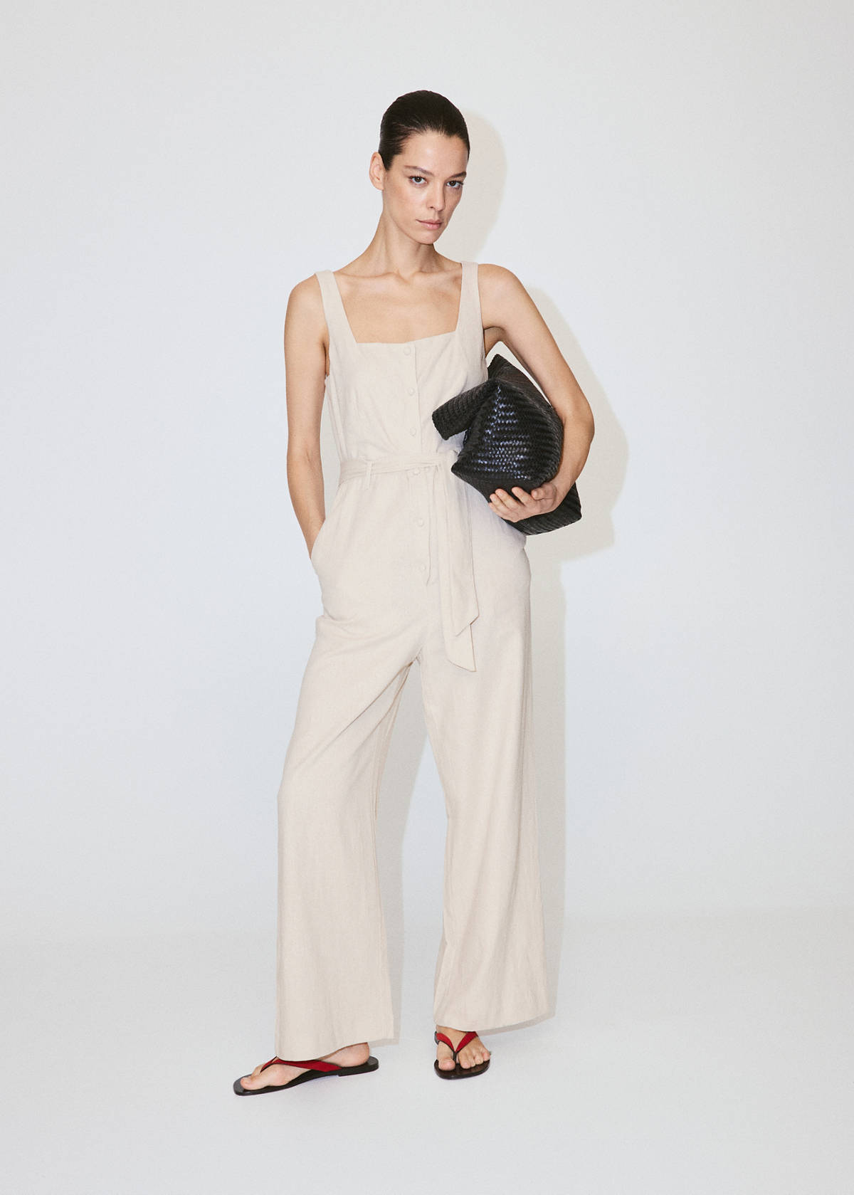 Linen cropped playsuit with belt — Sand
