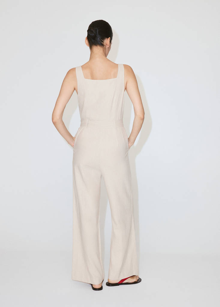 Linen cropped playsuit with belt — Sand