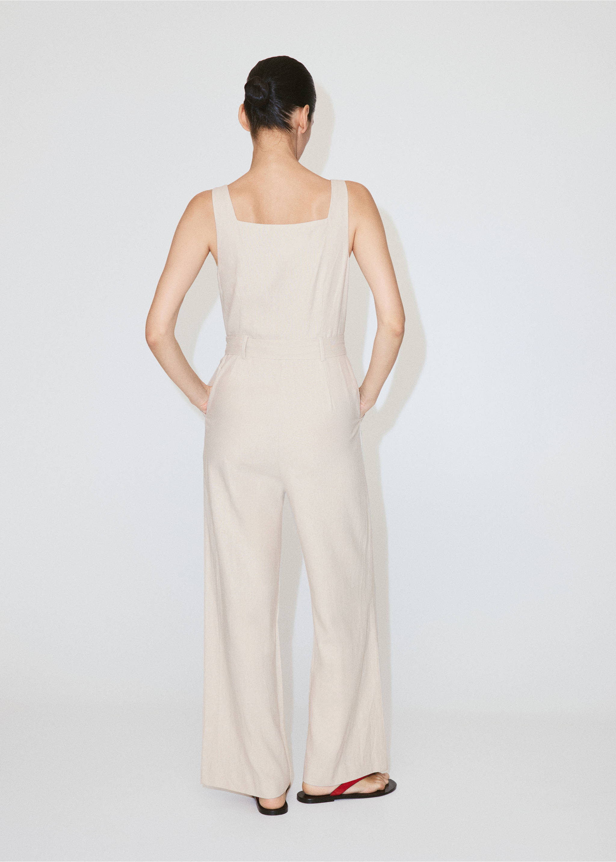 Linen cropped jumpsuit with belt - Reverse of the article, Sand. Ref: 37021390-00.
