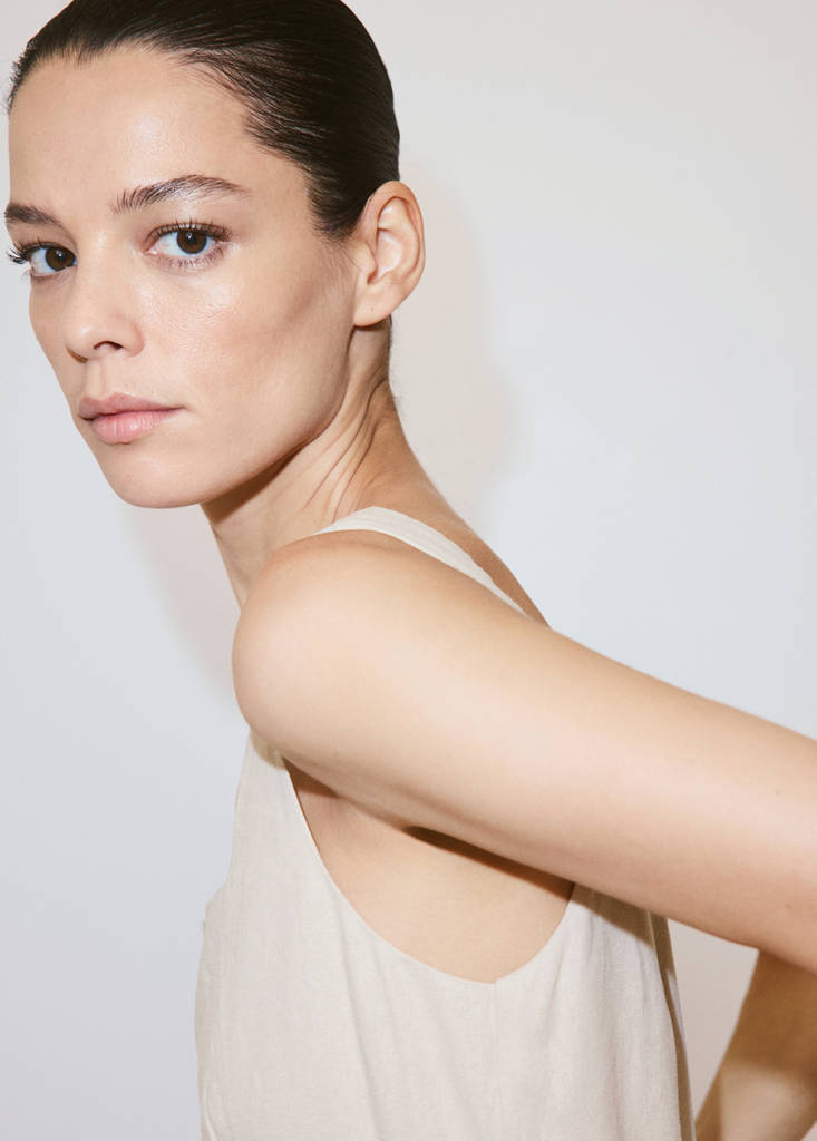 Linen cropped playsuit with belt — Sand