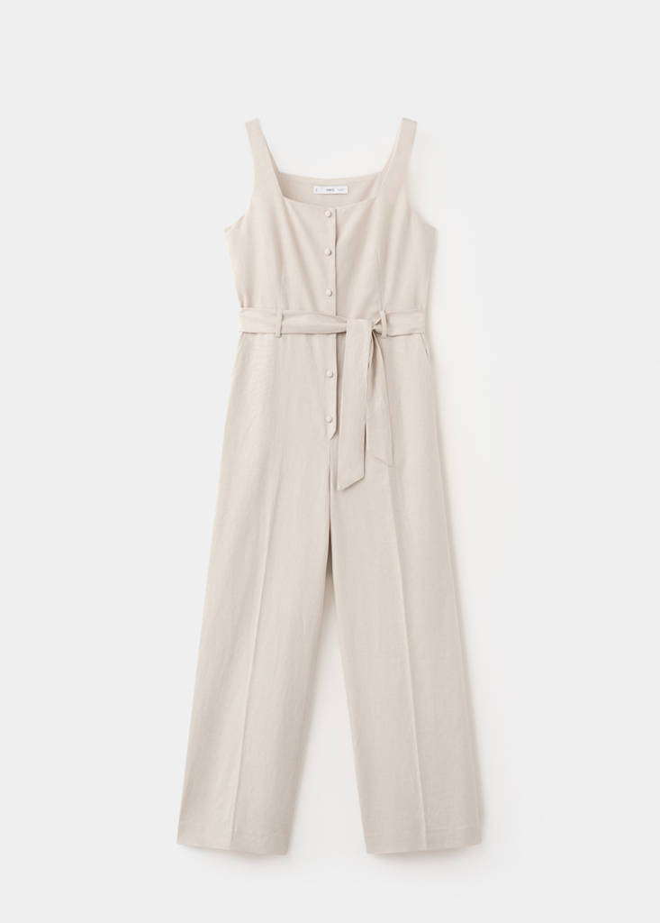 Linen cropped playsuit with belt — Sand