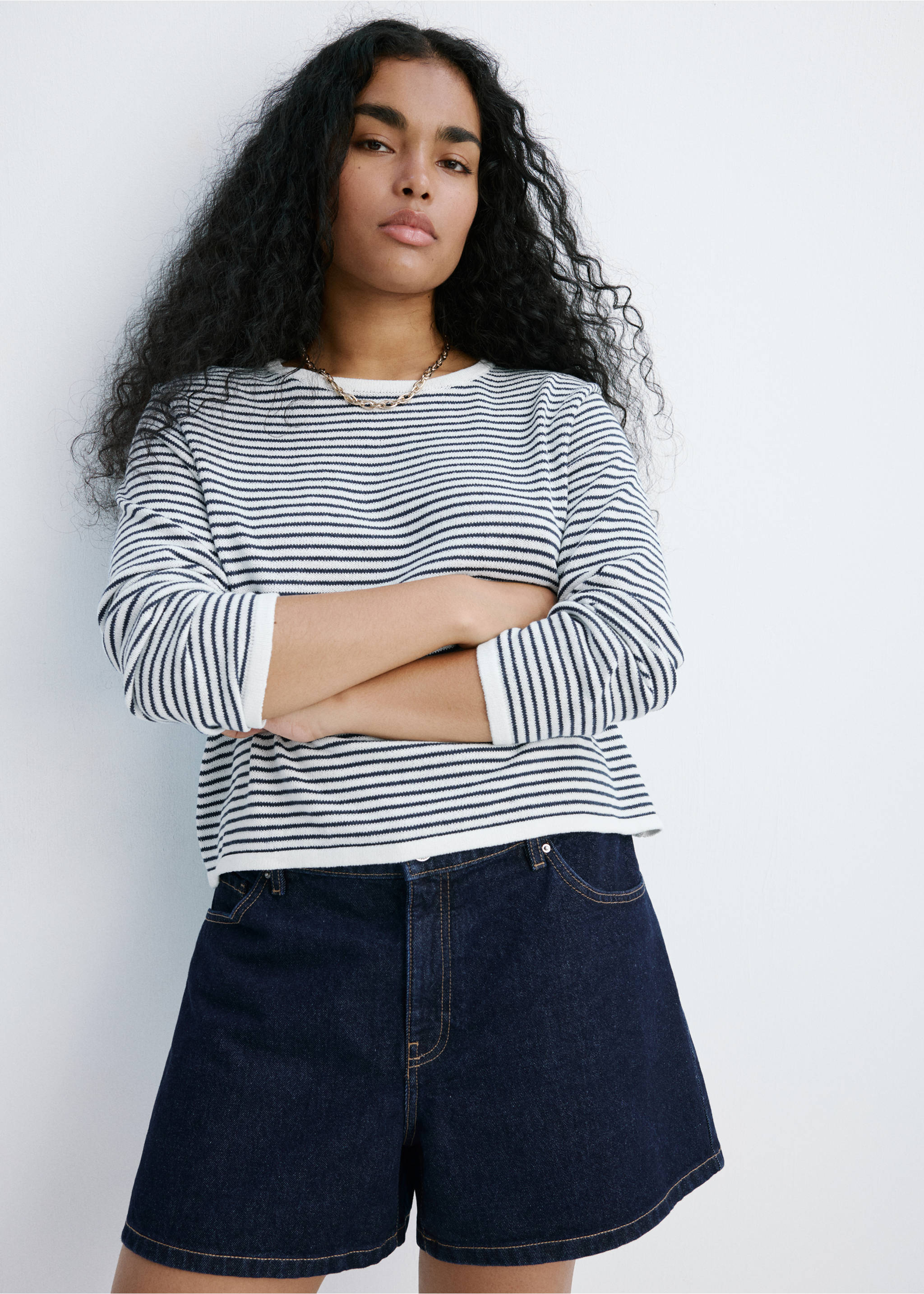 Knit striped sweater - Details of the article 5, Navy. Ref: 37021391-00.