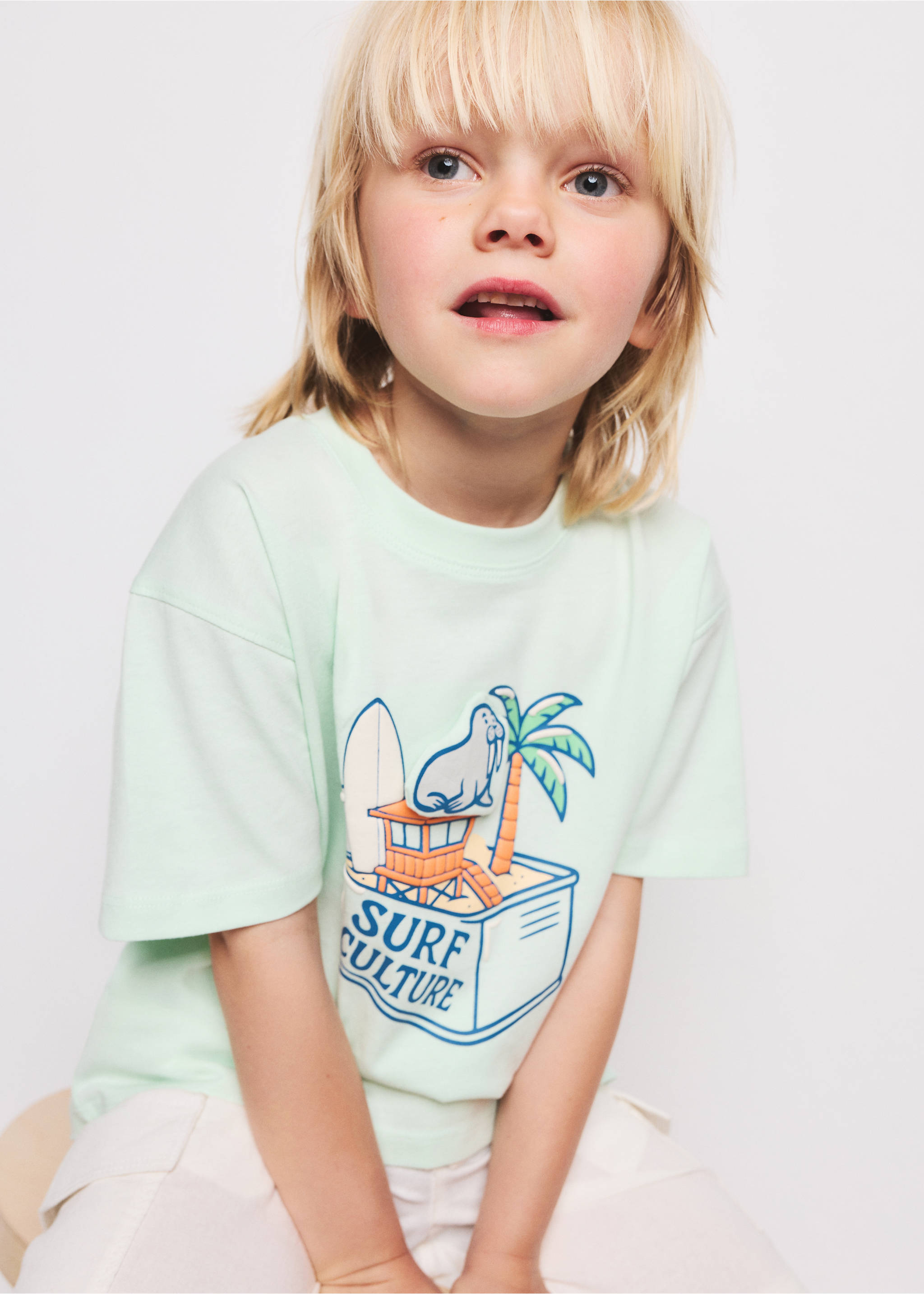 Cotton T-shirt with surf print - Details of the article 1, Aqua Green. Ref: 37021402-00.