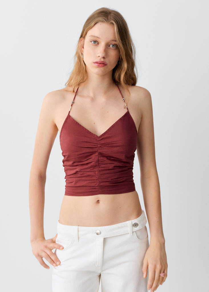 Ruched cotton top — Burnt Orange