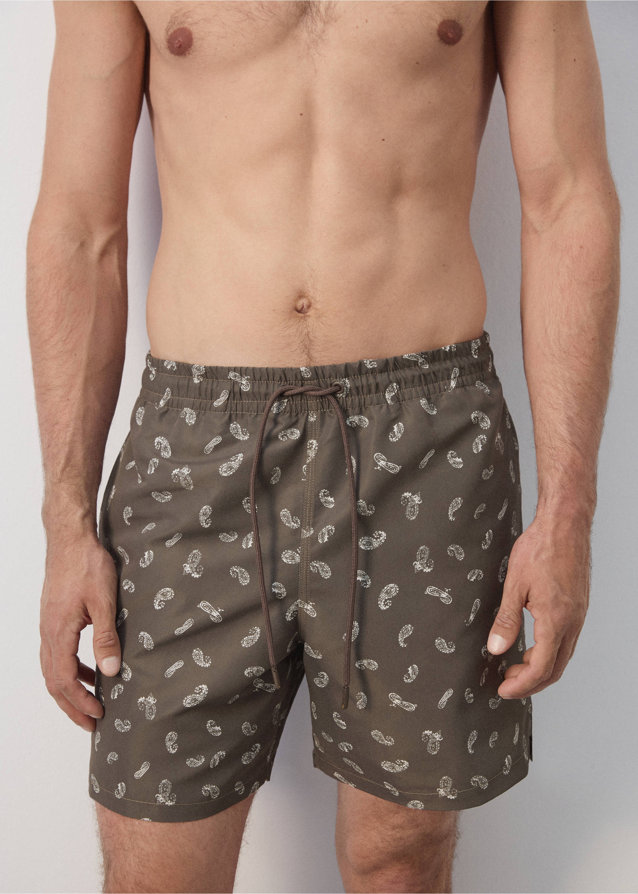 Printed drawstring swimming costume - Details of the article 1, Brown. Ref: 37021439-00.