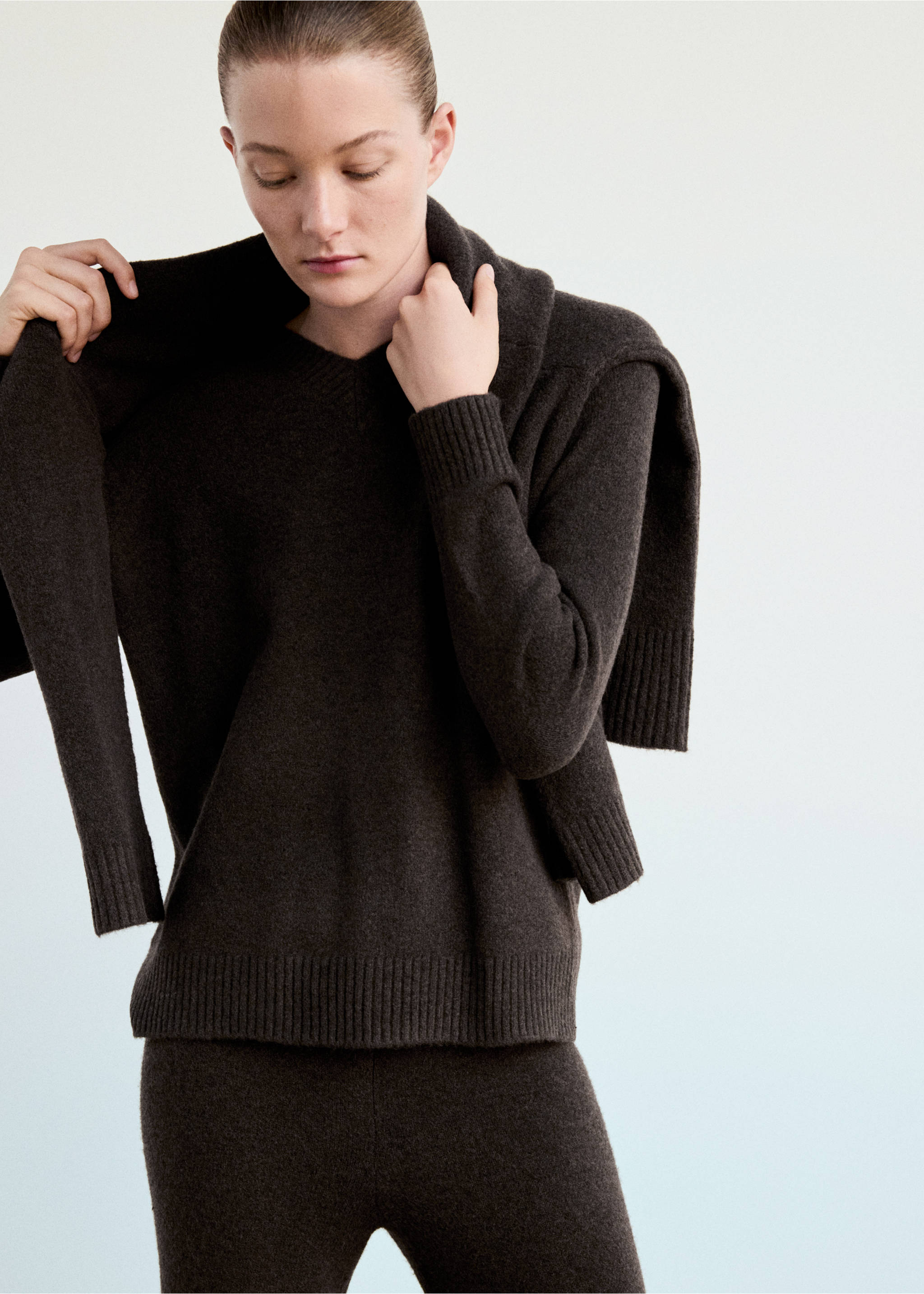 Jersey pyjama jumper with V-neck - Medium plane, Chocolate. Ref: 37021442-00.