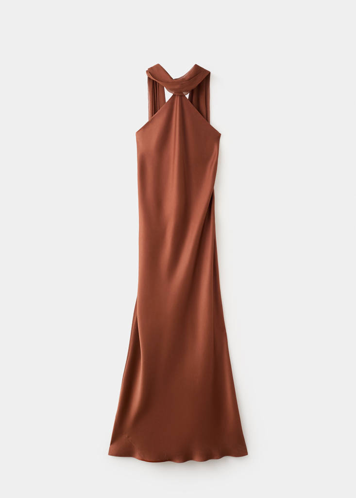 Satin halter neck dress — Brown