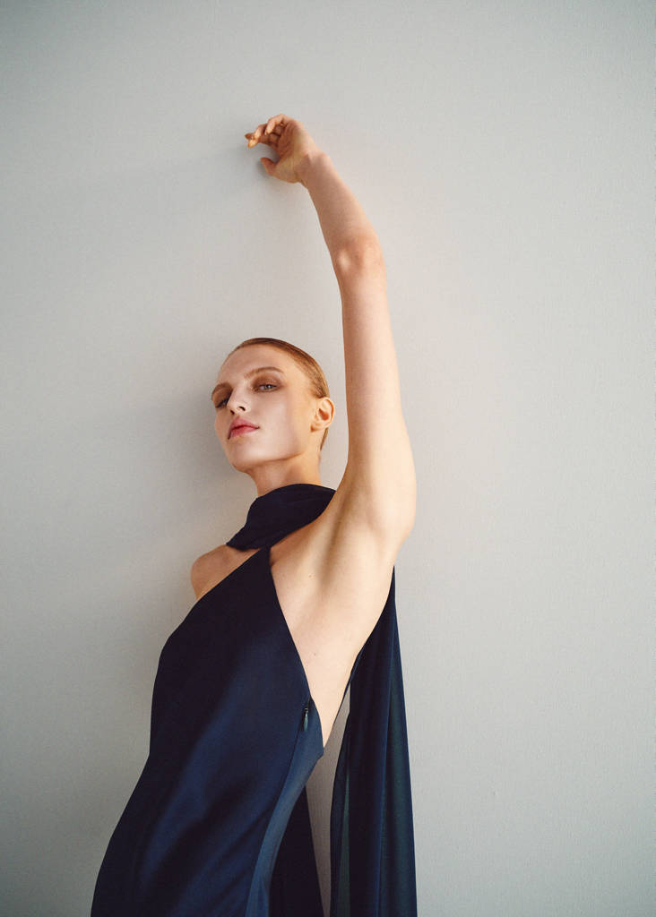 Satin halter neck dress — Night Blue