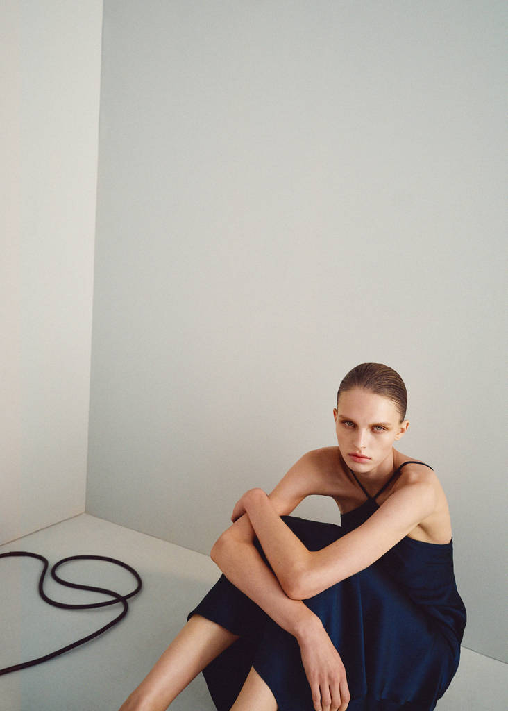 Satin halter neck dress — Night Blue