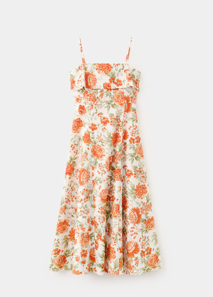 Floral-print flared dress — Orange