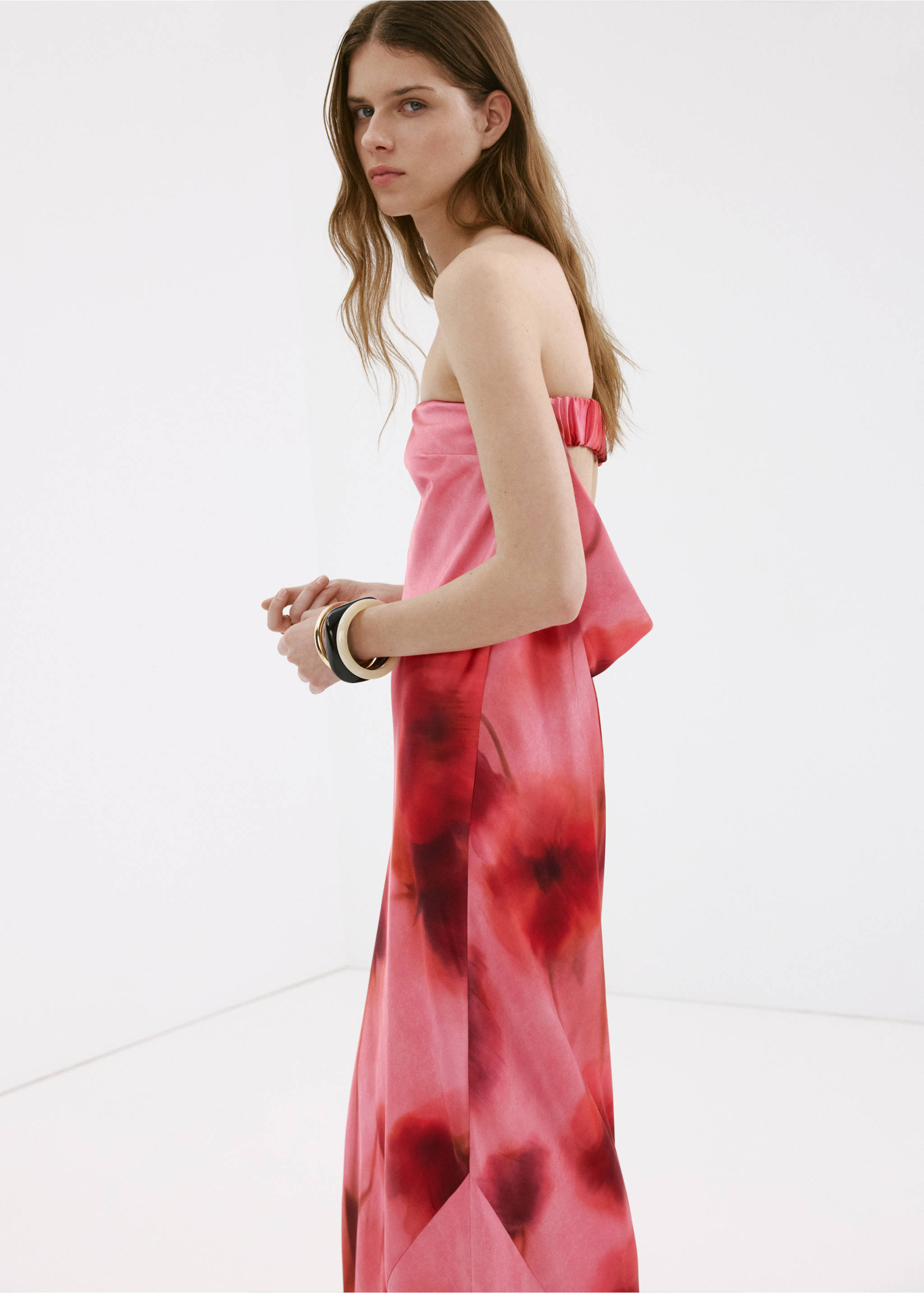 Strapless printed dress - Medium plane, Pastel Pink. Ref: 37021470-00.