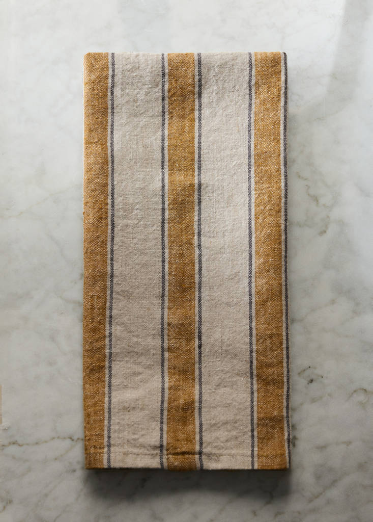 Linen tea towel with contrast stripe — Ochre