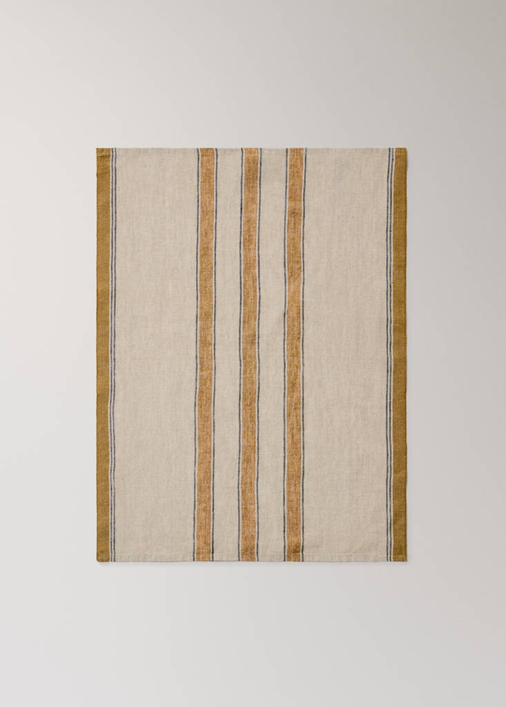 Linen tea towel with contrast stripe — Ochre