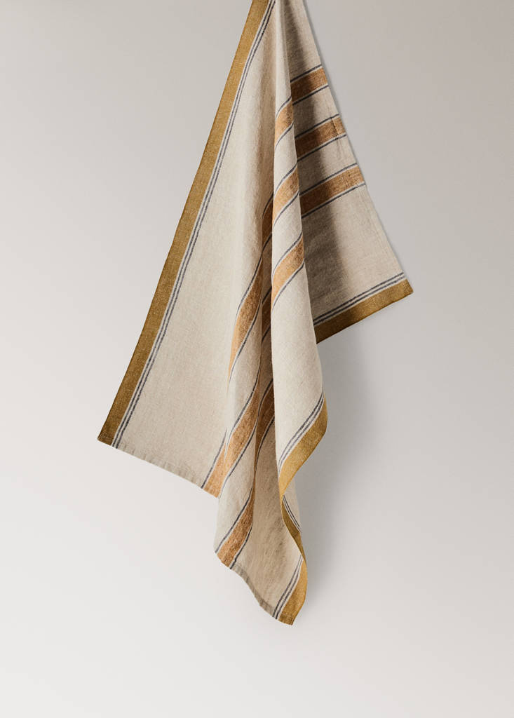 Linen tea towel with contrast stripe — Ochre