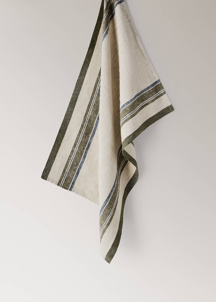 Linen tea towel with contrast stripe — Green