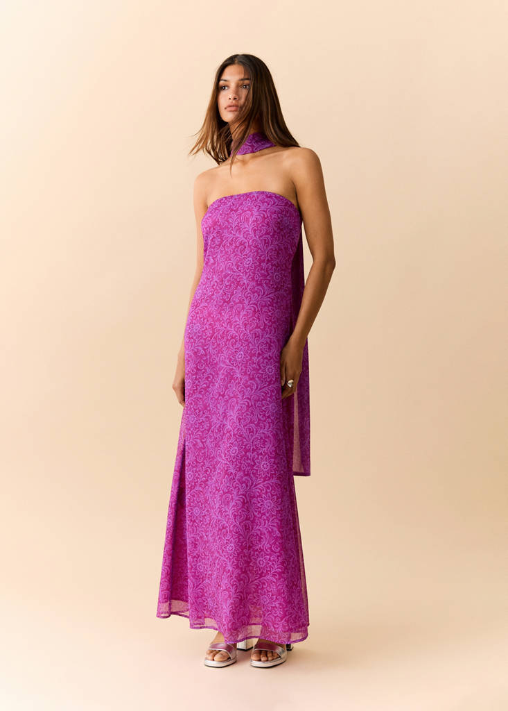 Printed dress with foulard — Pink