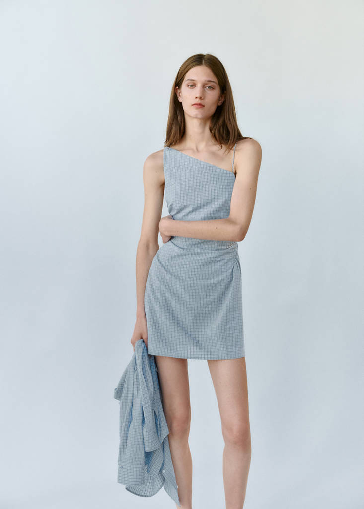 Ruched asymmetric check dress — Sky Blue
