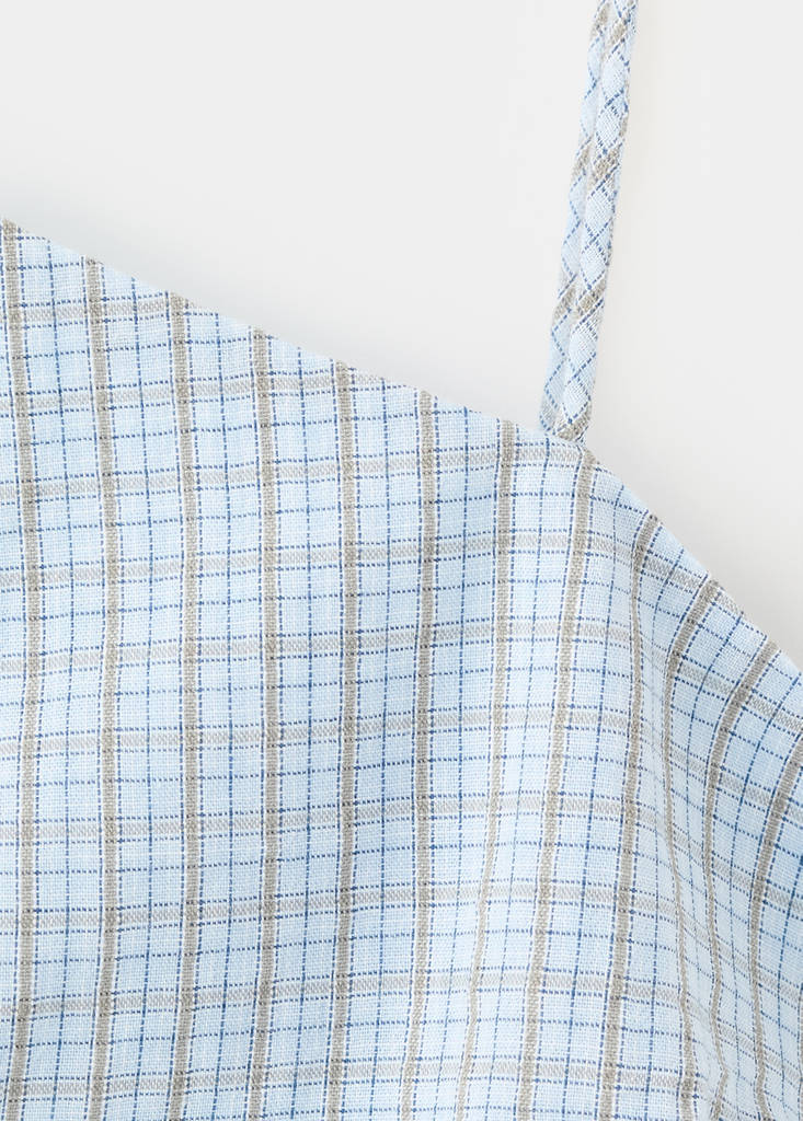 Ruched asymmetric check dress — Sky Blue