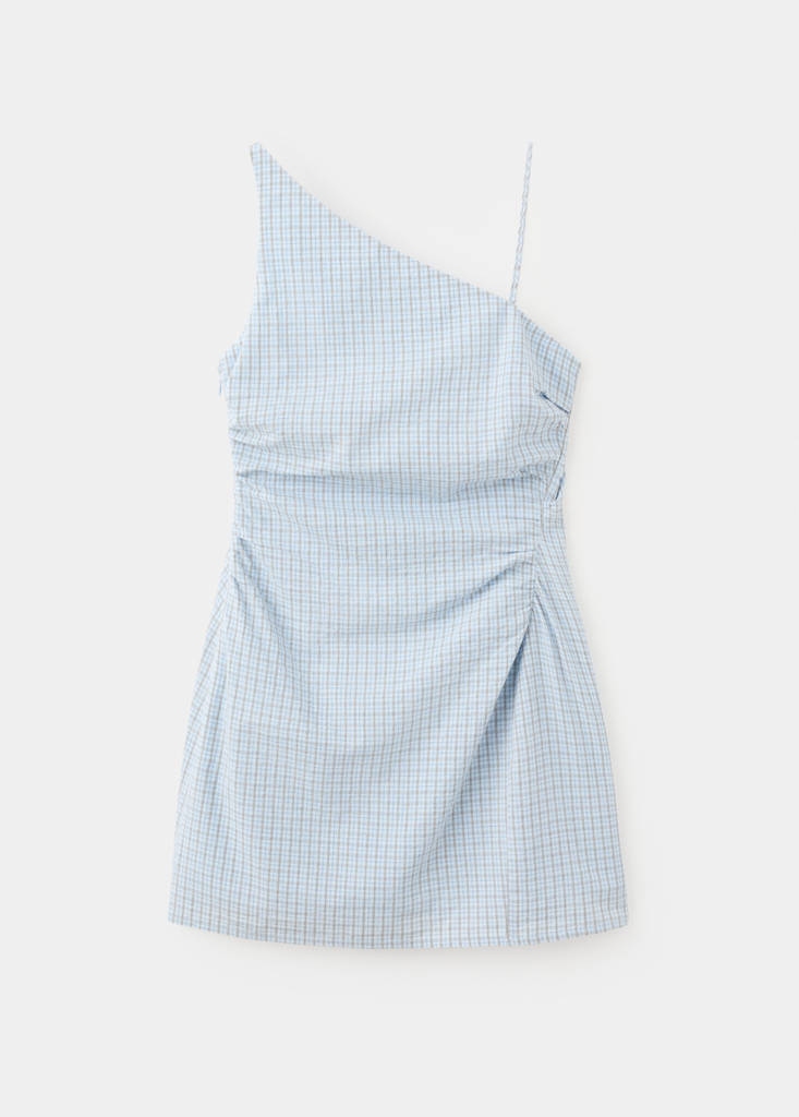 Ruched asymmetric check dress — Sky Blue