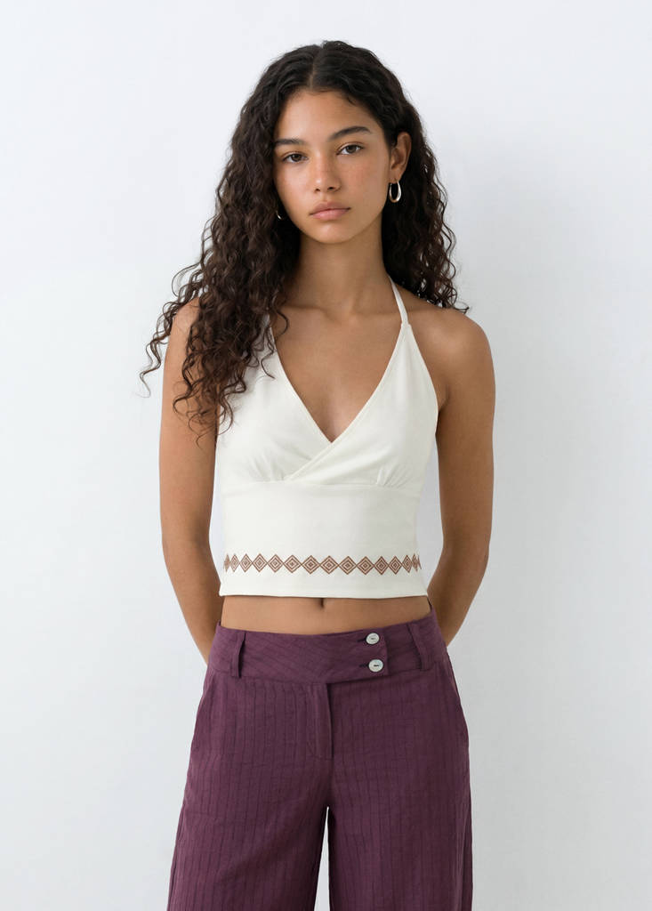 Halter top with embroidered details — Off White