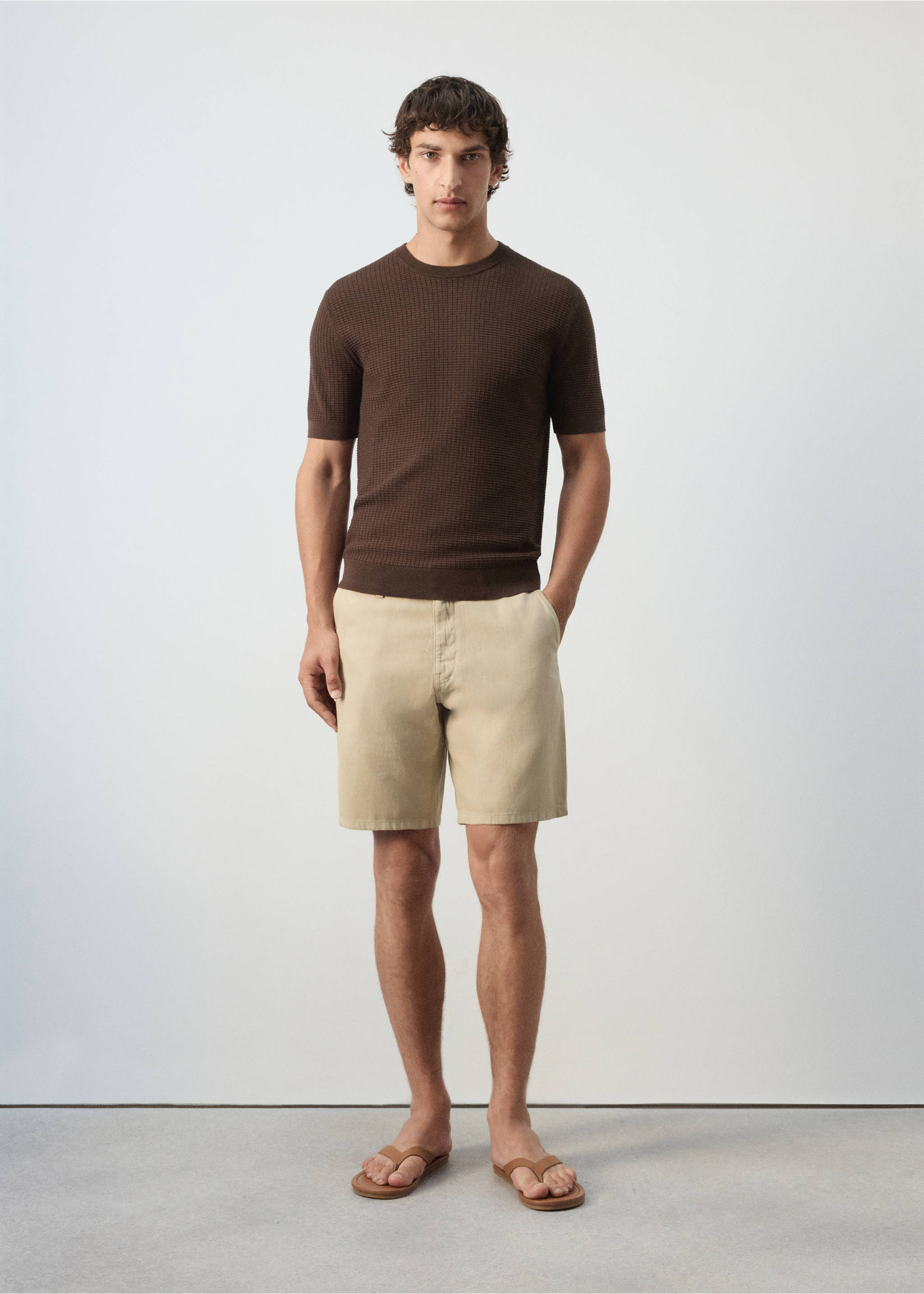 Regular-fit cotton-linen Bermuda shorts - General plane, Beige. Ref: 37022889-00.