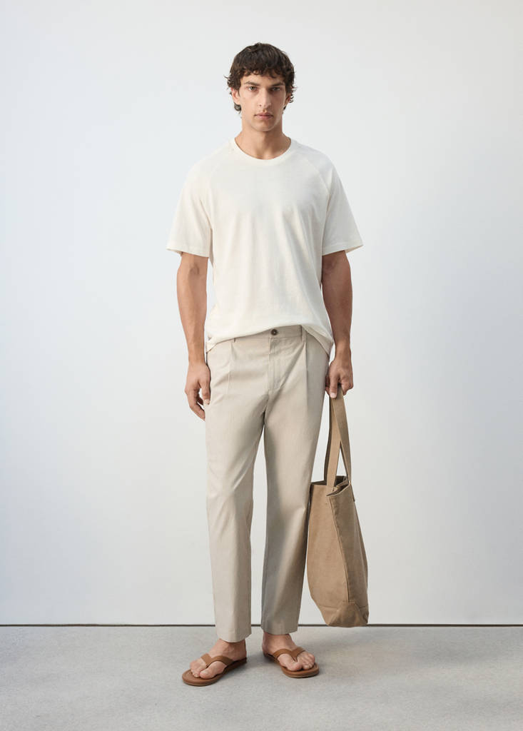 Regular fit cotton blend pleated striped trousers — Medium Brown