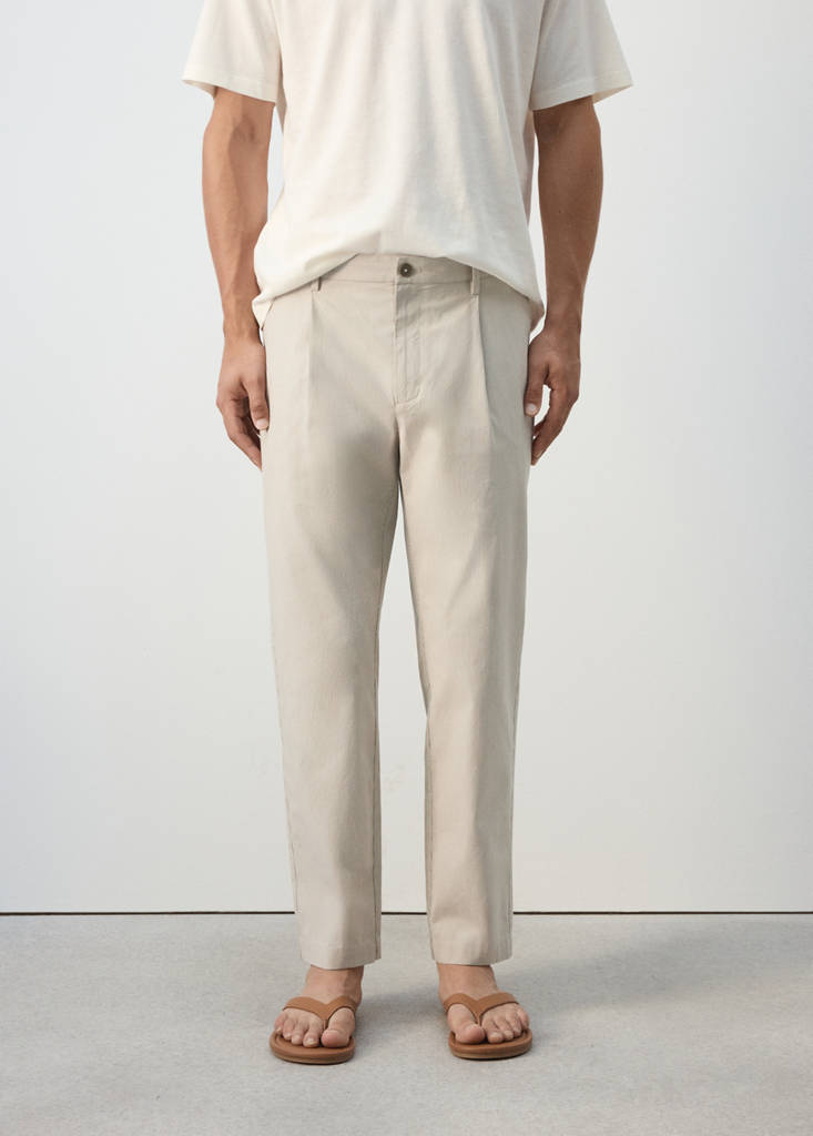 Regular fit cotton blend pleated striped trousers — Medium Brown