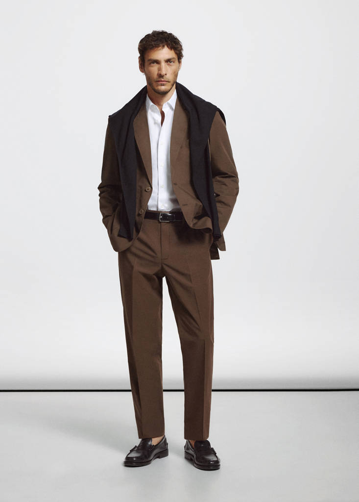 Slim fit cotton lyocell suit trousers — Brown