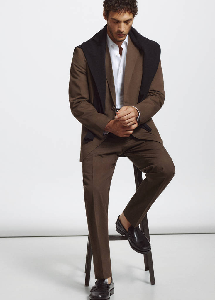 Slim fit cotton lyocell suit trousers — Brown