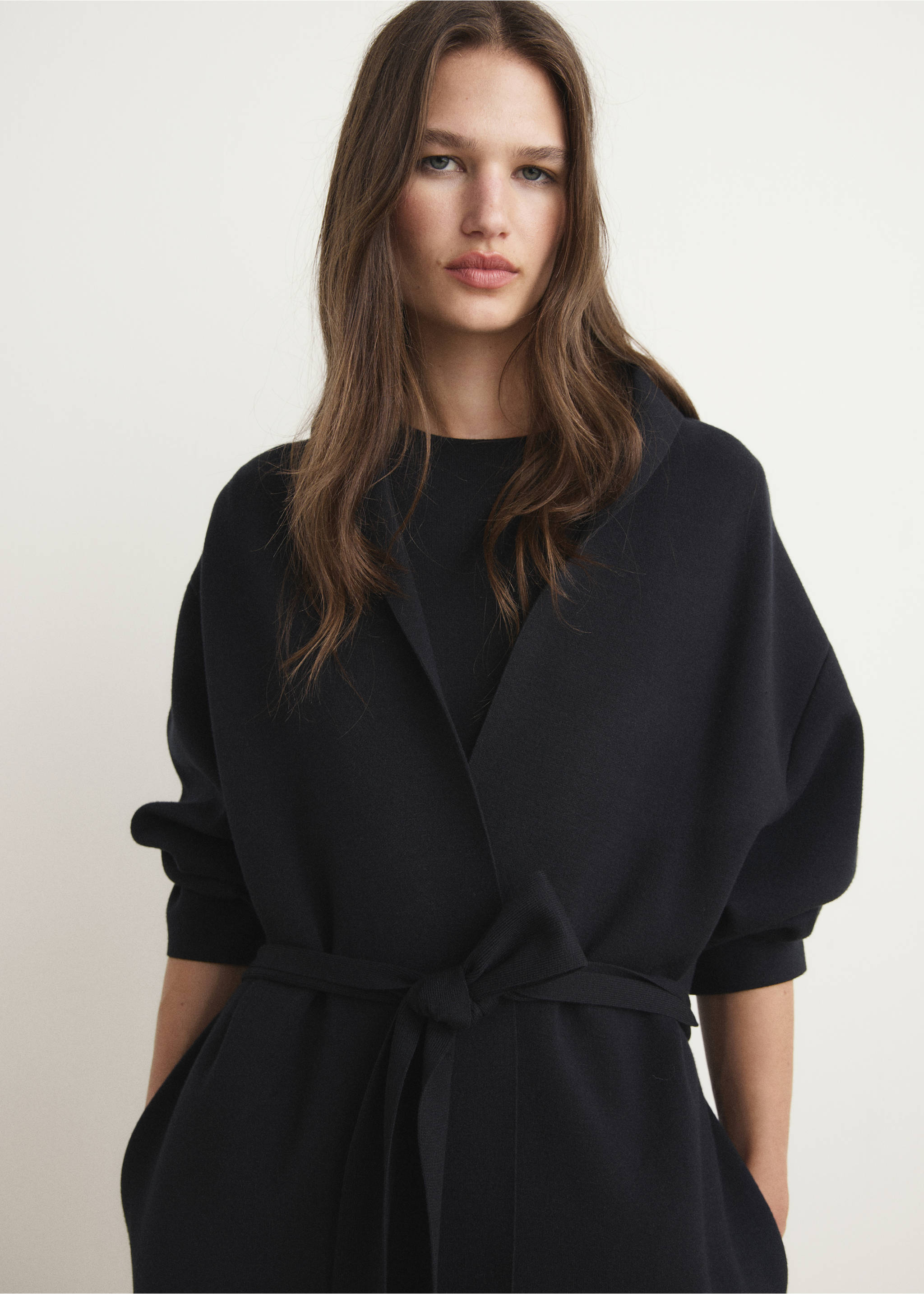 Long milano cardigan with stitching detail - Medium plane, Black. Ref: 37022899-00.