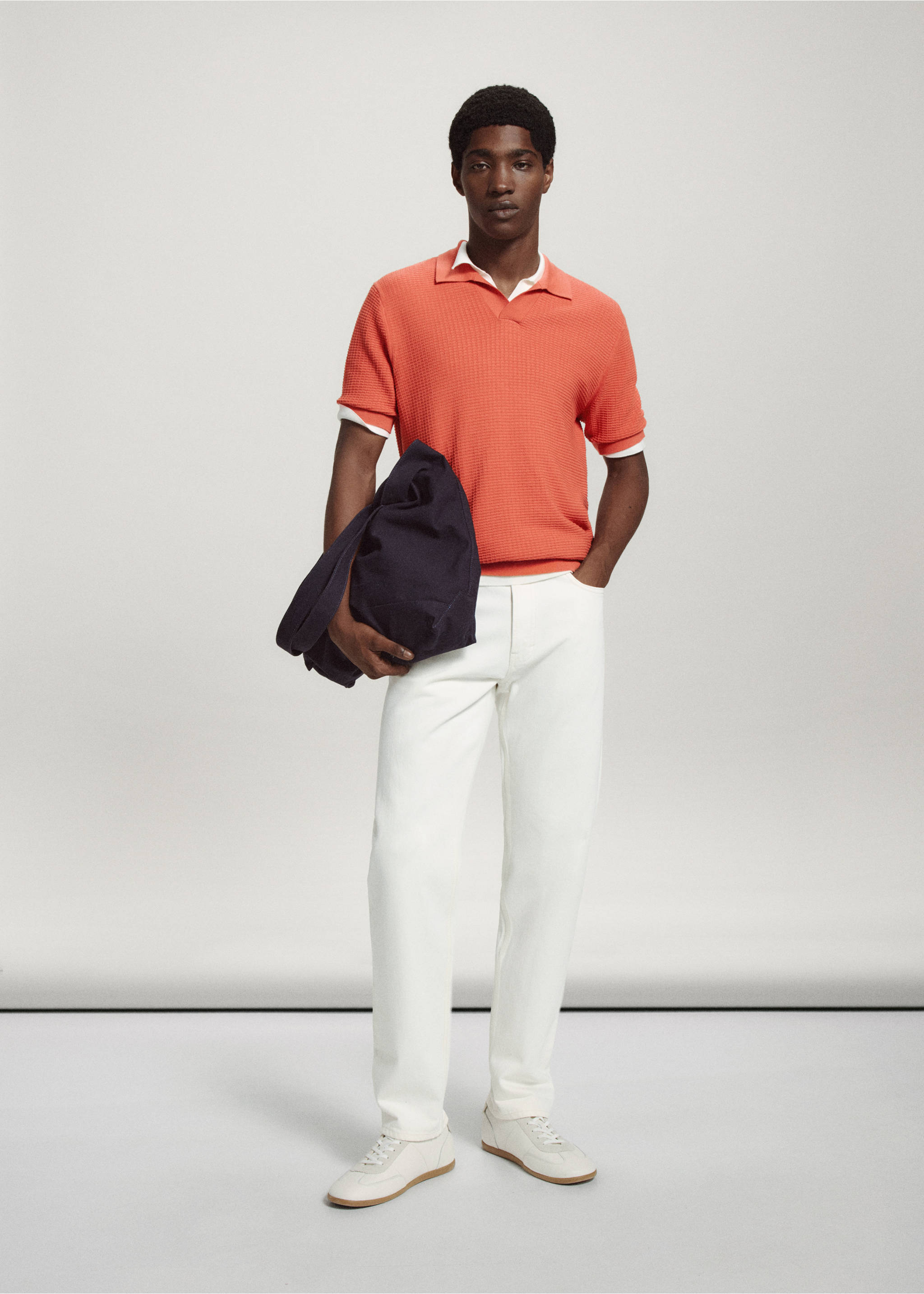 Strukturiertes Strick-Poloshirt aus 100 % Baumwolle - Allgemeine Ansicht, Geranienrosa. Ref: 37022900-03.
