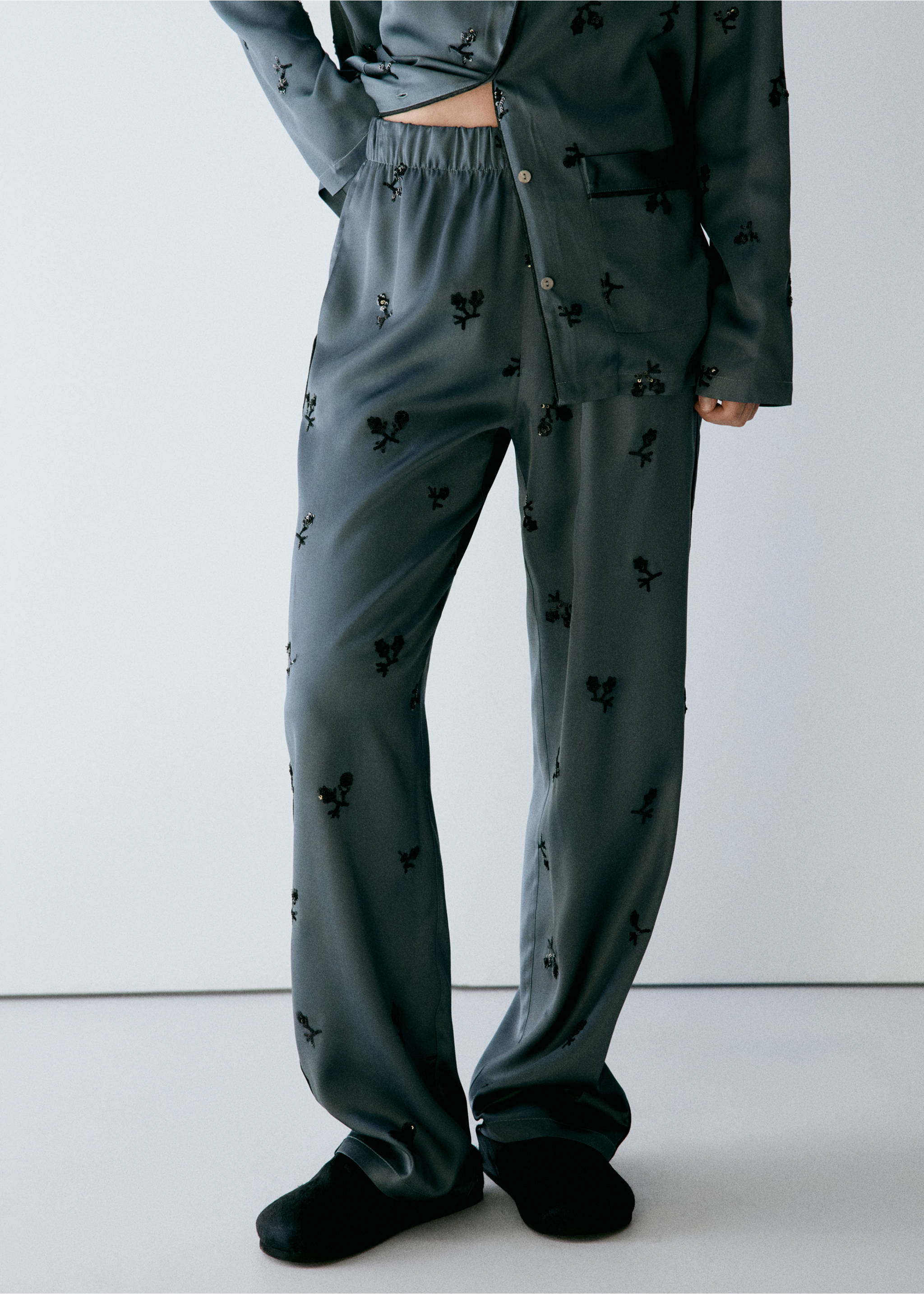 Sequin satin pajama pants - Medium plane, Blue. Ref: 37022920-00.