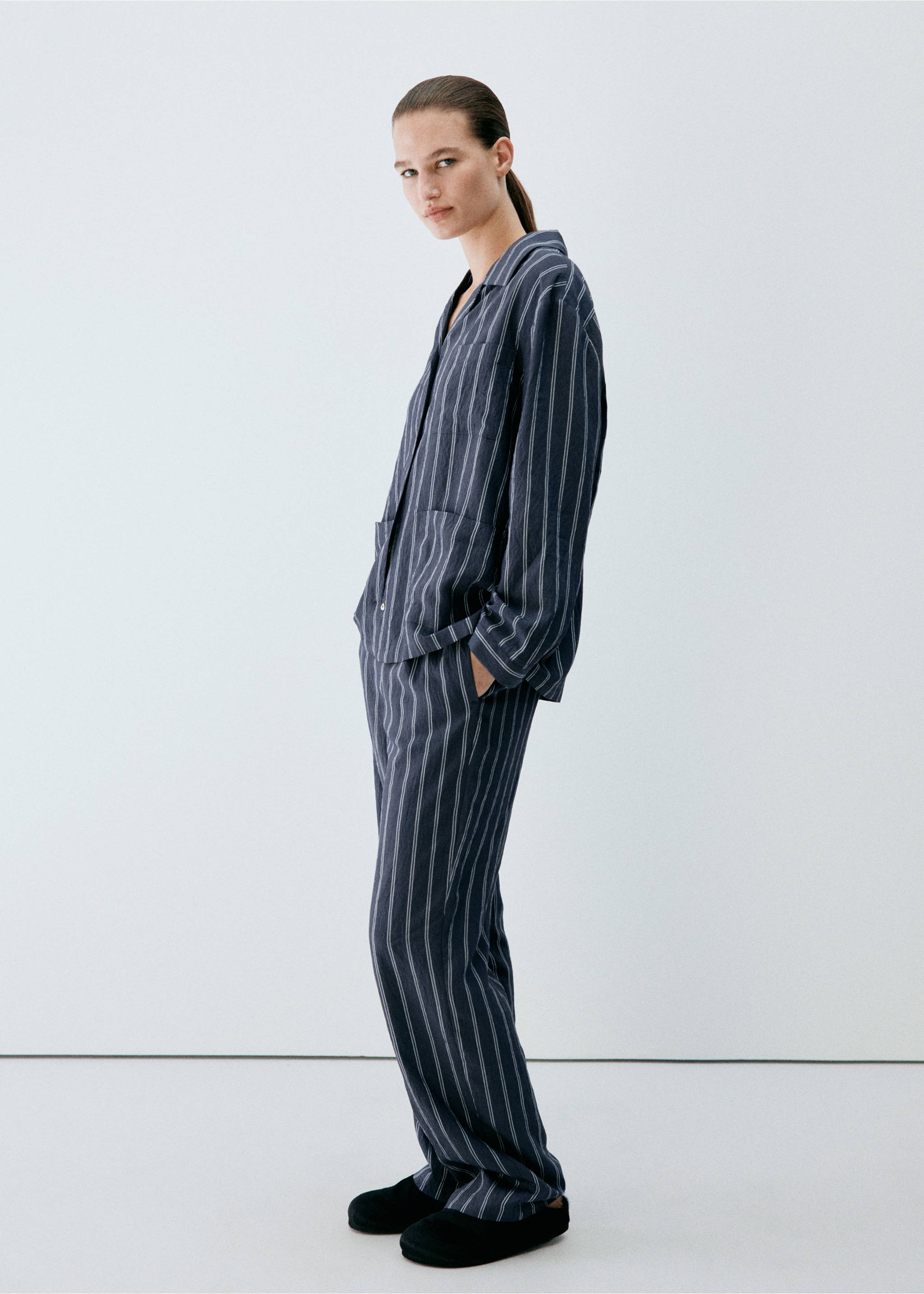 Striped pyjama shirt with front pocket - General plane, Navy. Ref: 37022925-00.