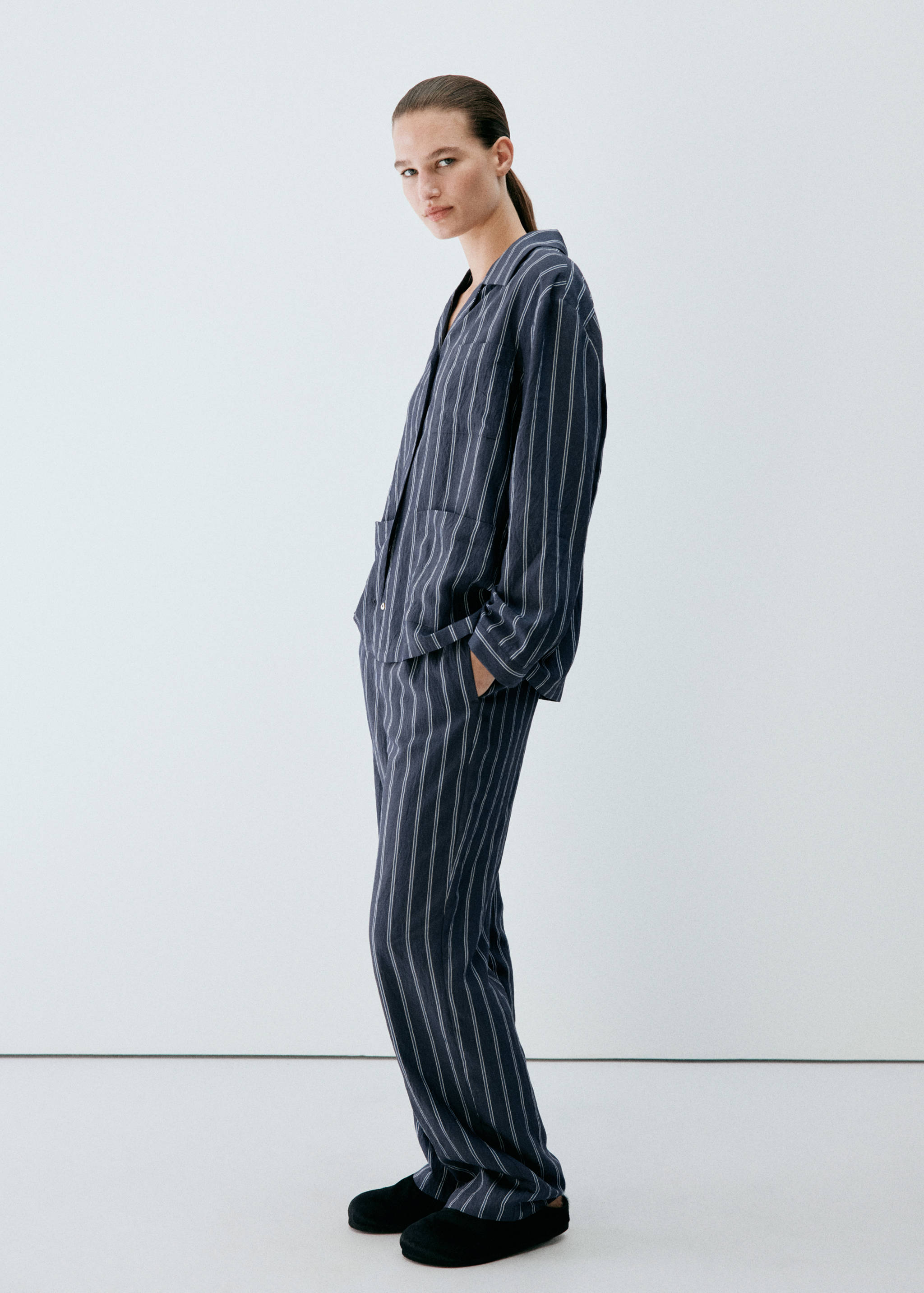 Striped pyjama shirt with front pocket - General plane