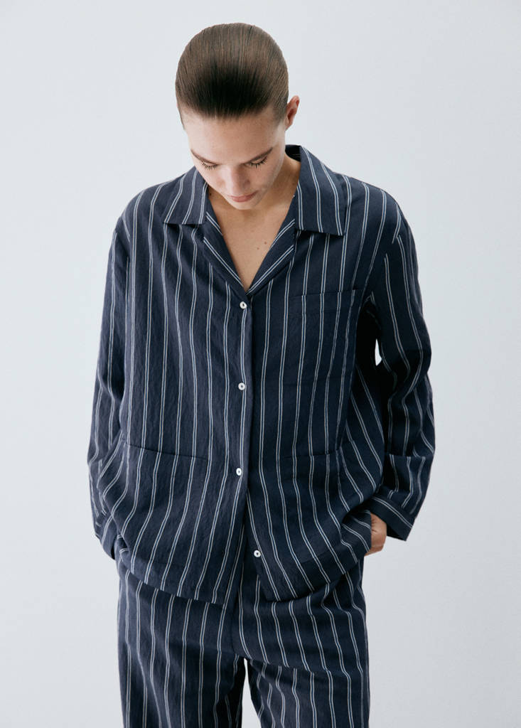 Striped pyjama shirt with front pocket — Navy