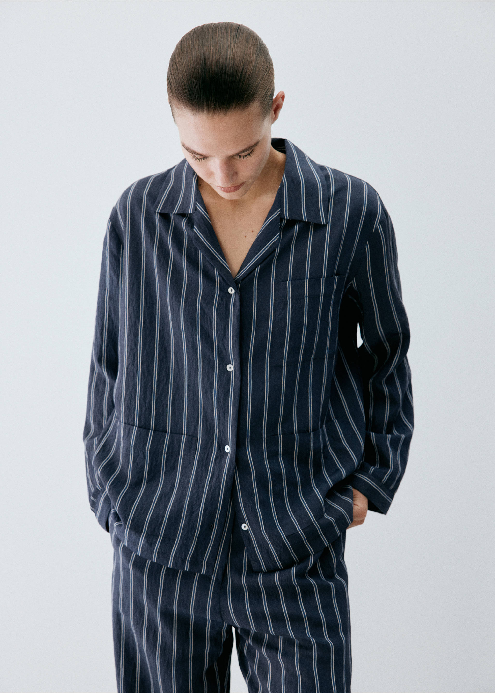 Striped pyjama shirt with front pocket - Medium plane, Navy. Ref: 37022925-00.